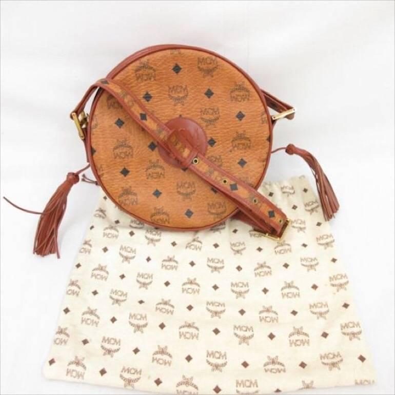 Brown MINT. Vintage MCM brown monogram round Suzy Wong shoulder bag with brown leather