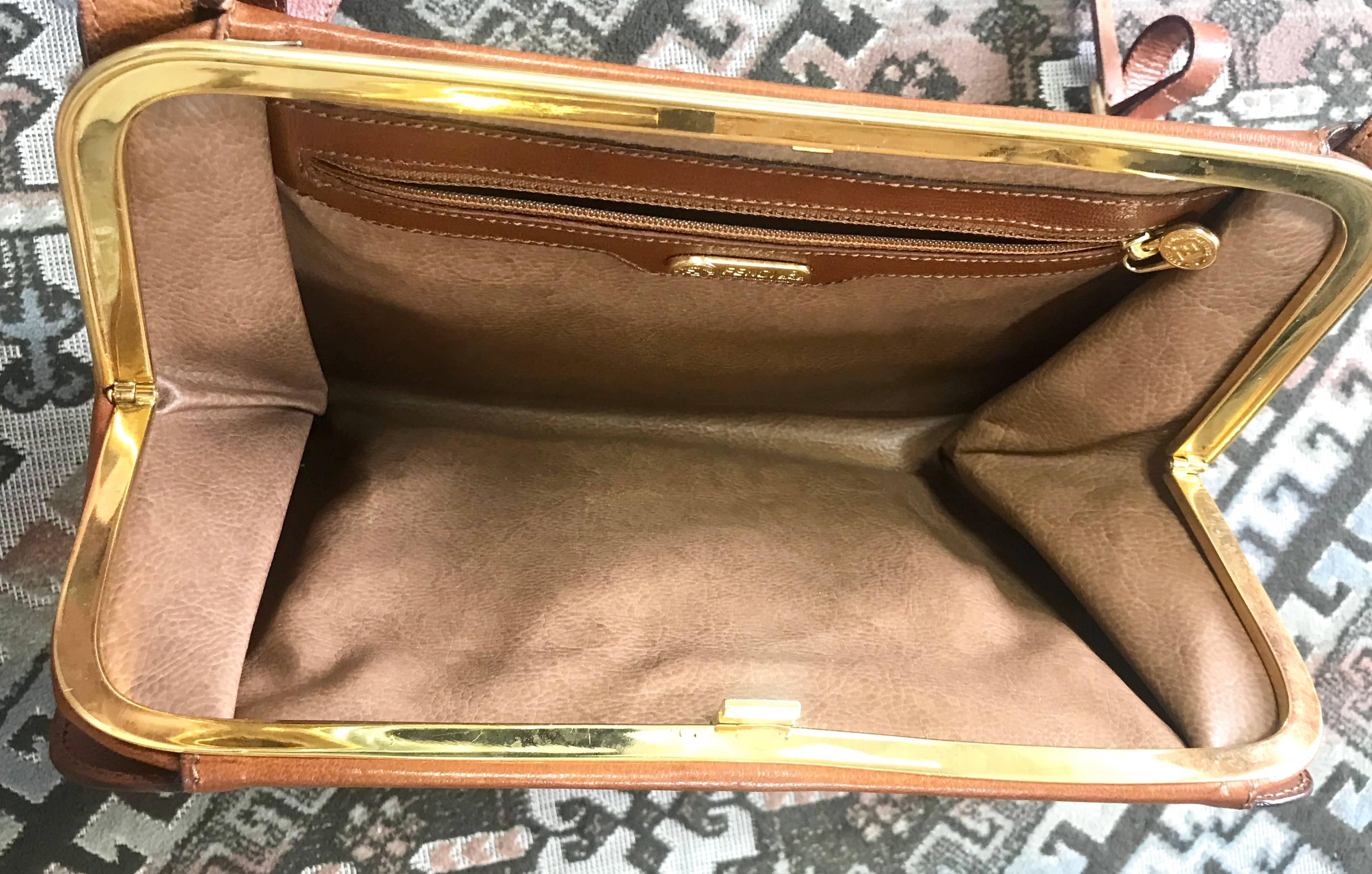 Fendi Vintage brown leather shoulder bag / large clutch purse with embossed art For Sale 1