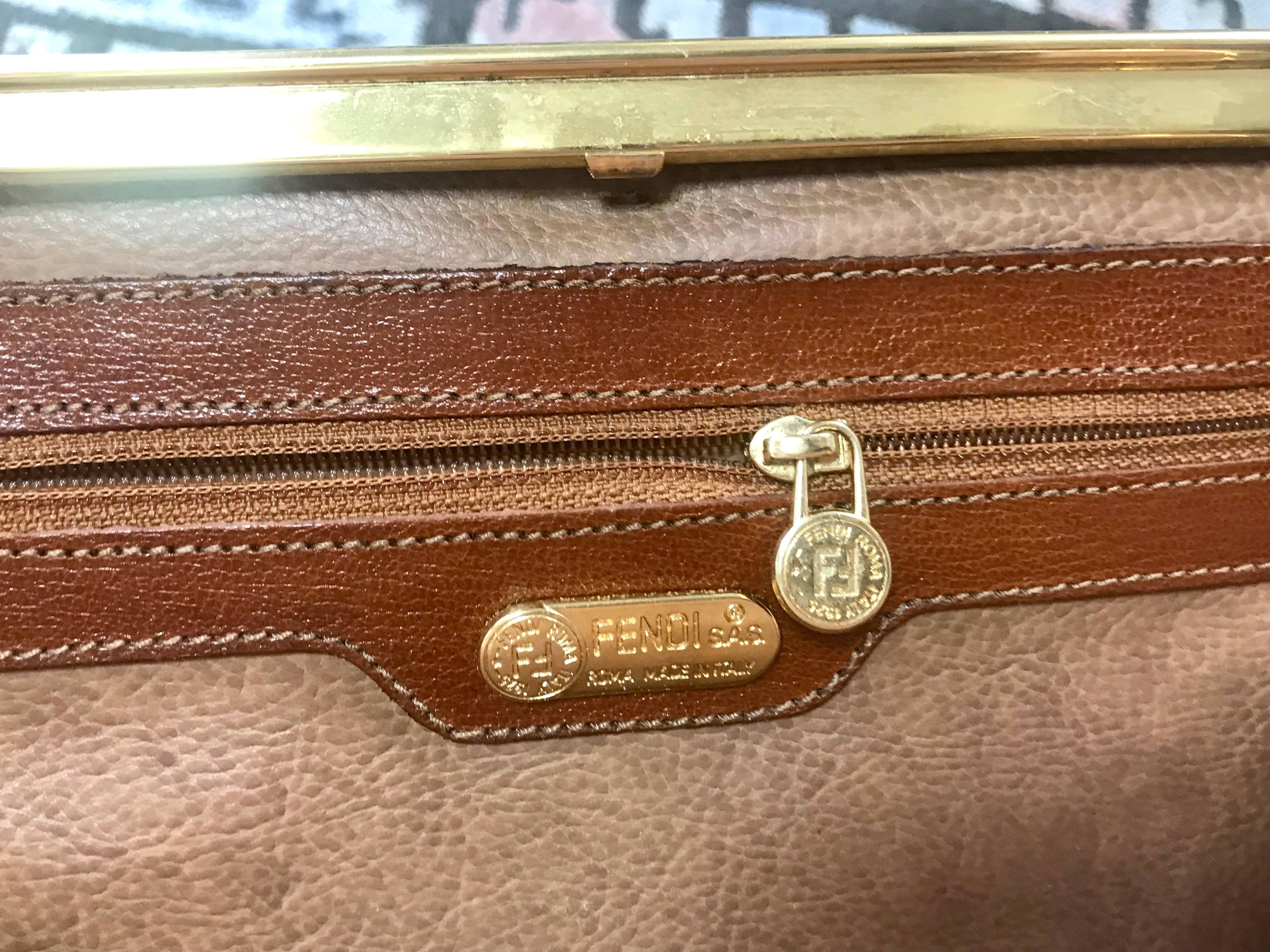 Fendi Vintage brown leather shoulder bag / large clutch purse with embossed art For Sale 2