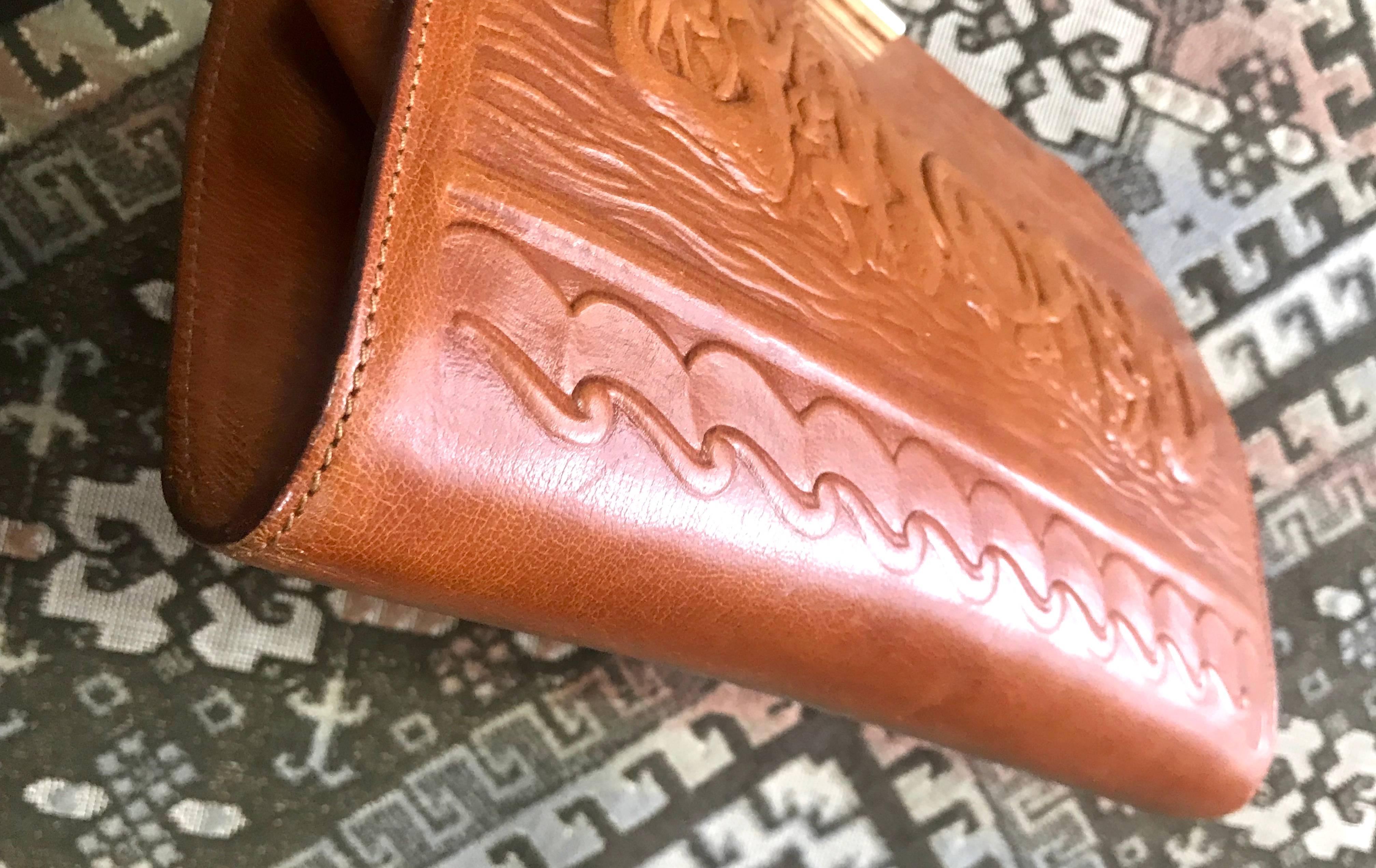 Brown Fendi Vintage brown leather shoulder bag / large clutch purse with embossed art For Sale