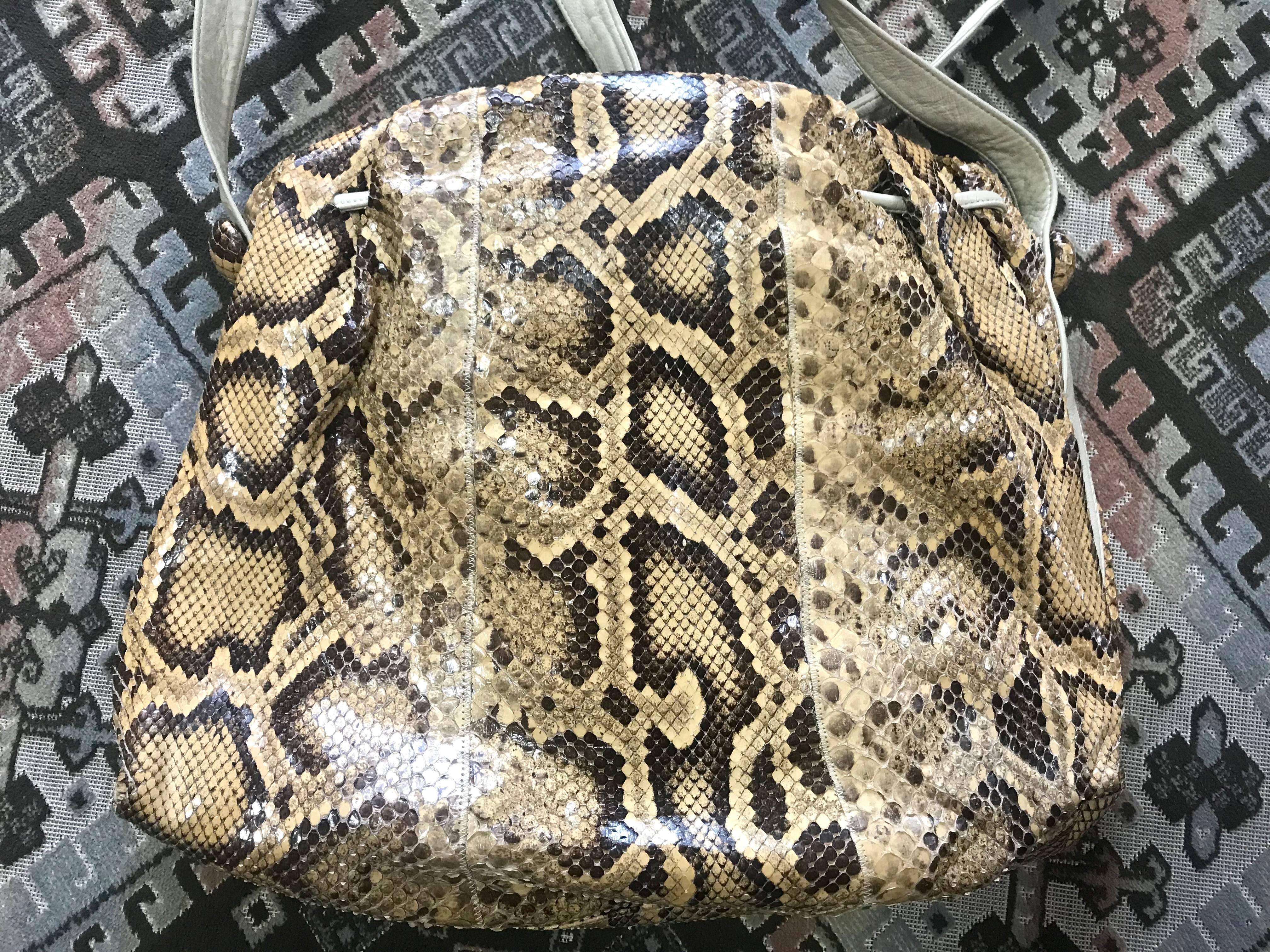 Beige Vintage Carlos Falchi beige and brown snakeskin large messenger shoulder bag. For Sale