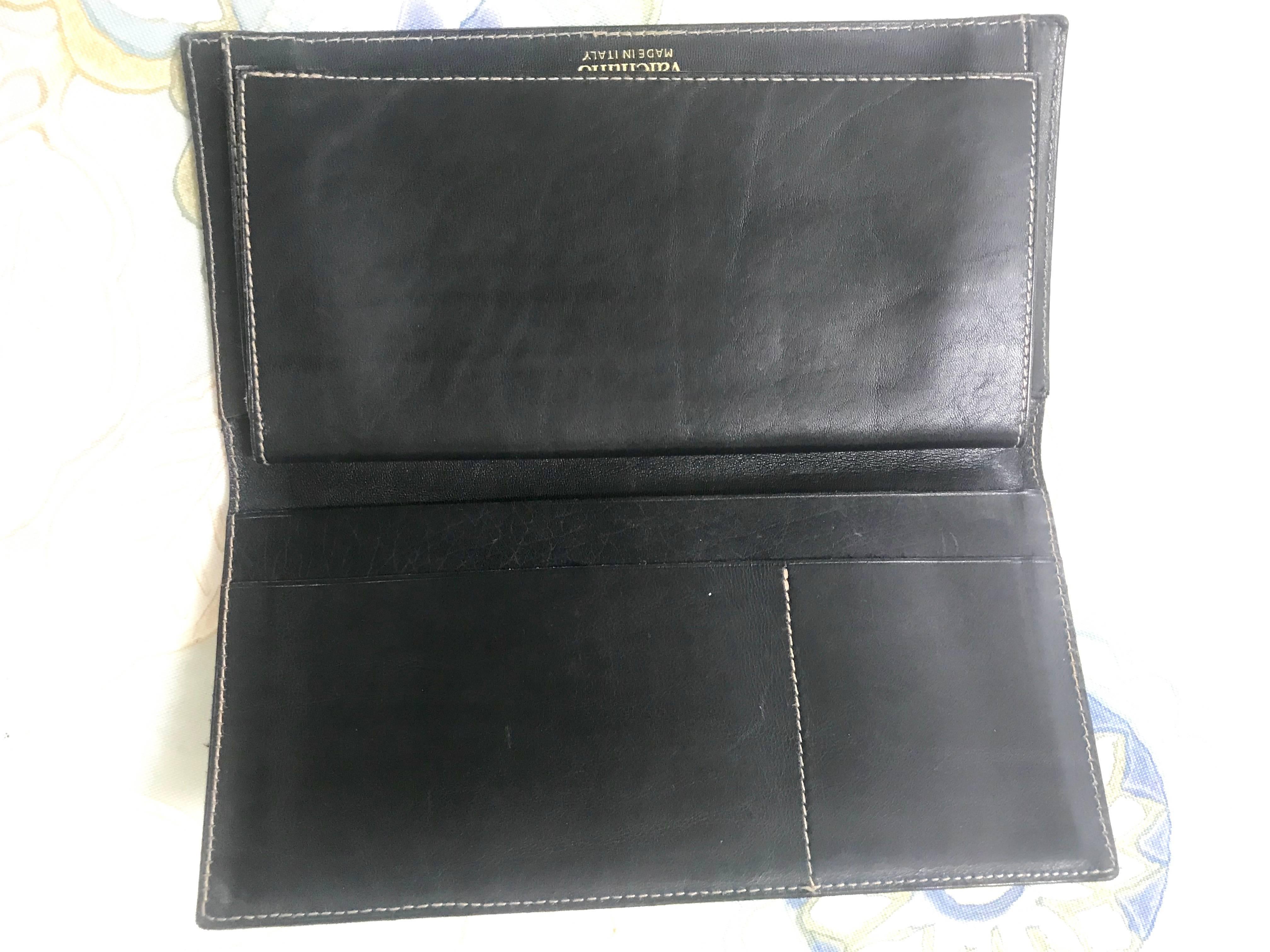 Vintage Valentino black leather long wallet with beige stitches and V logo. 1