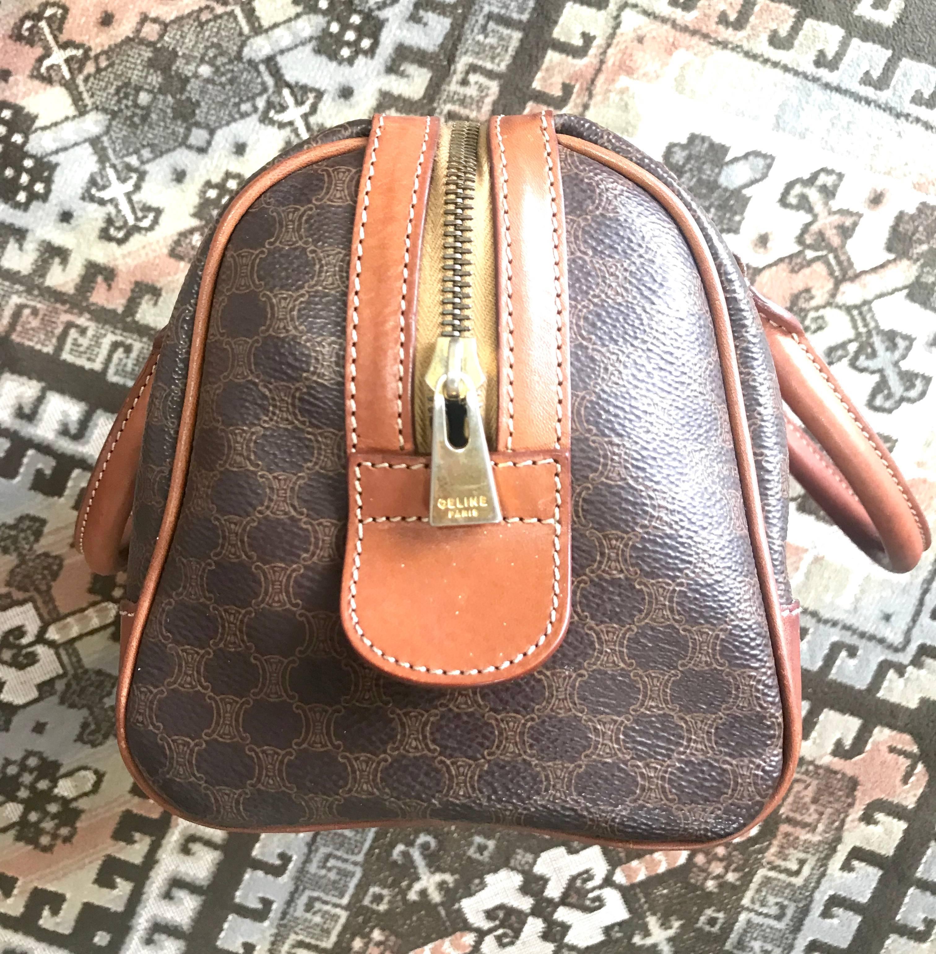 Brown Vintage CELINE mini duffle bag, speedy style handbag with macadam blaison logos. For Sale