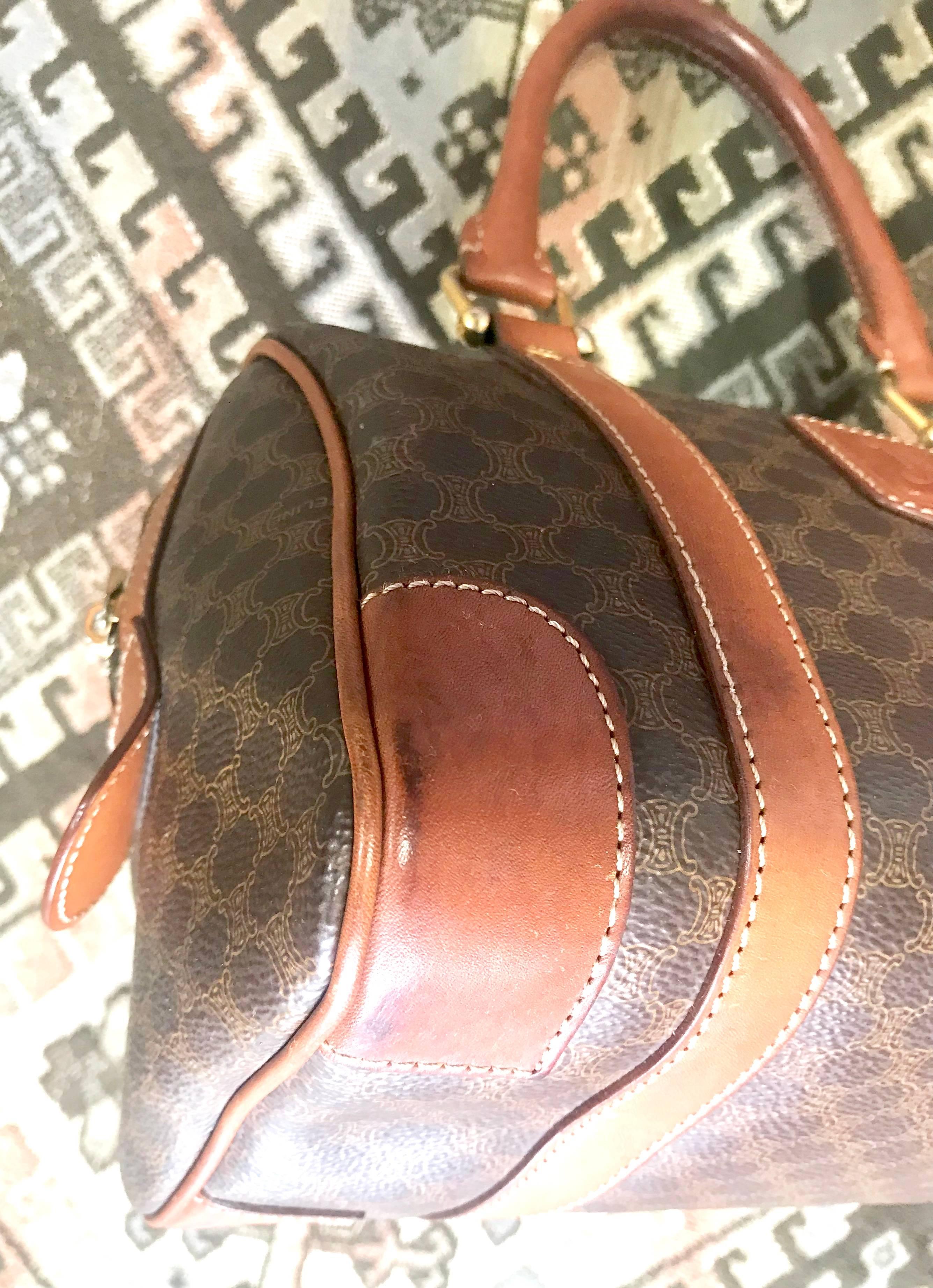 Women's Vintage CELINE mini duffle bag, speedy style handbag with macadam blaison logos. For Sale