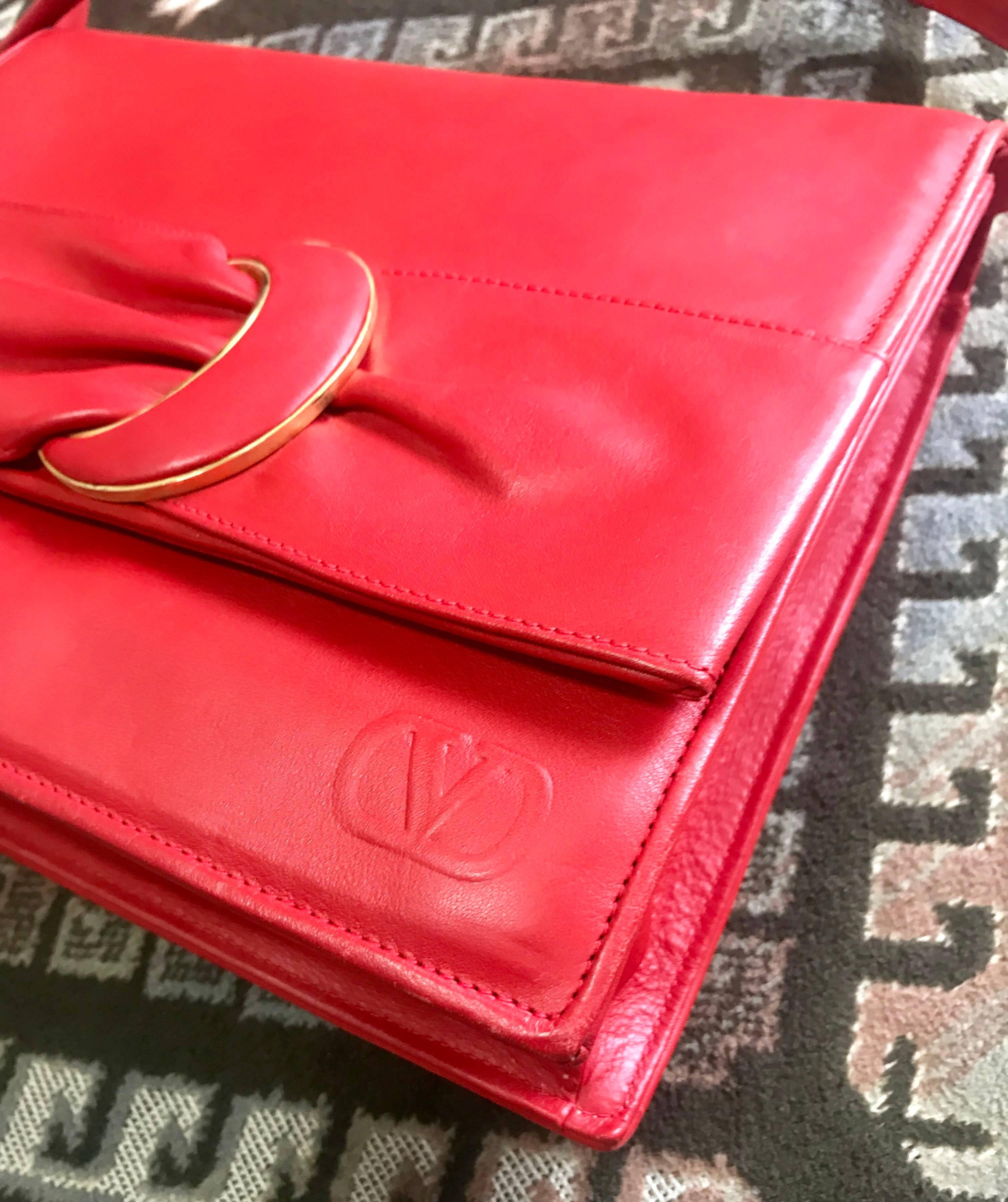 Red Vintage Valentino Garavani orange red leather clutch shoulder bag with buckle. For Sale