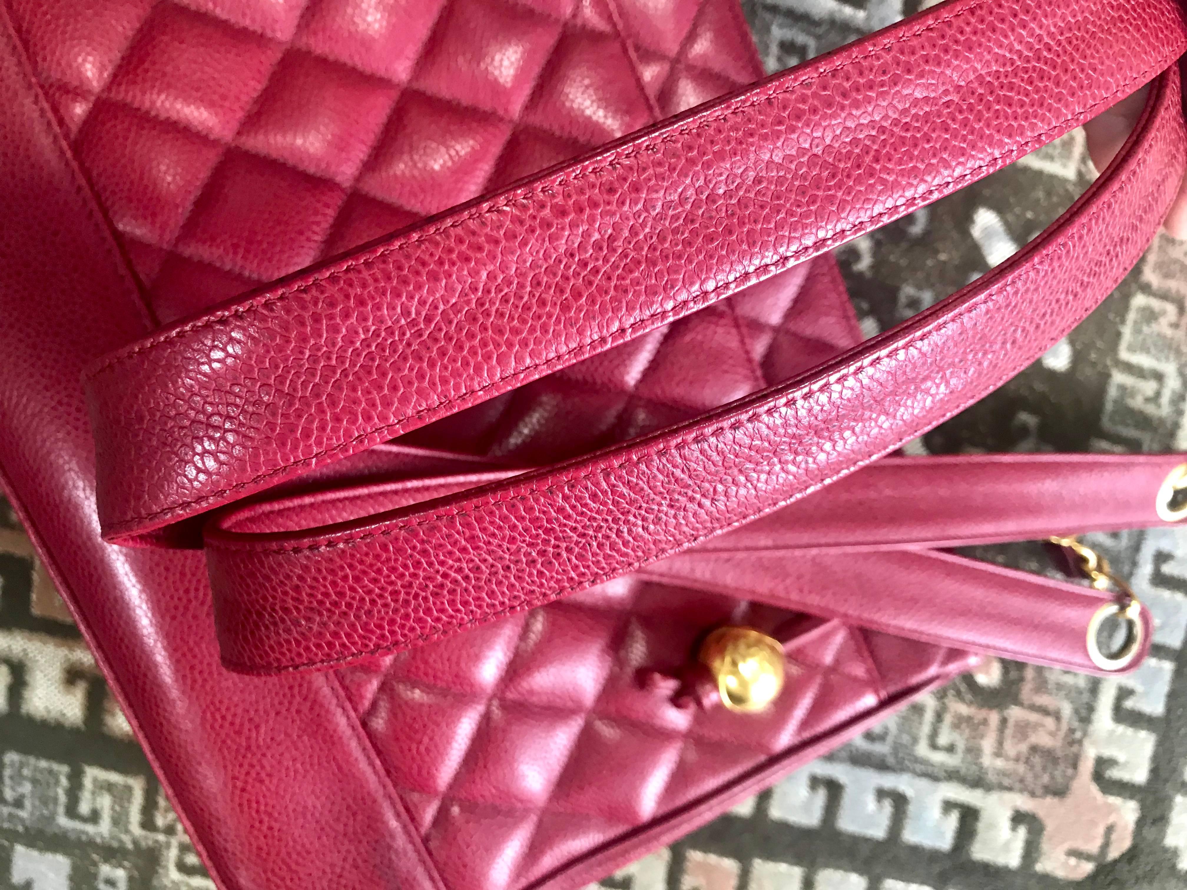 Vintage CHANEL cherry red caviar leather quilted shoulder bag, tote with cc ball For Sale 8