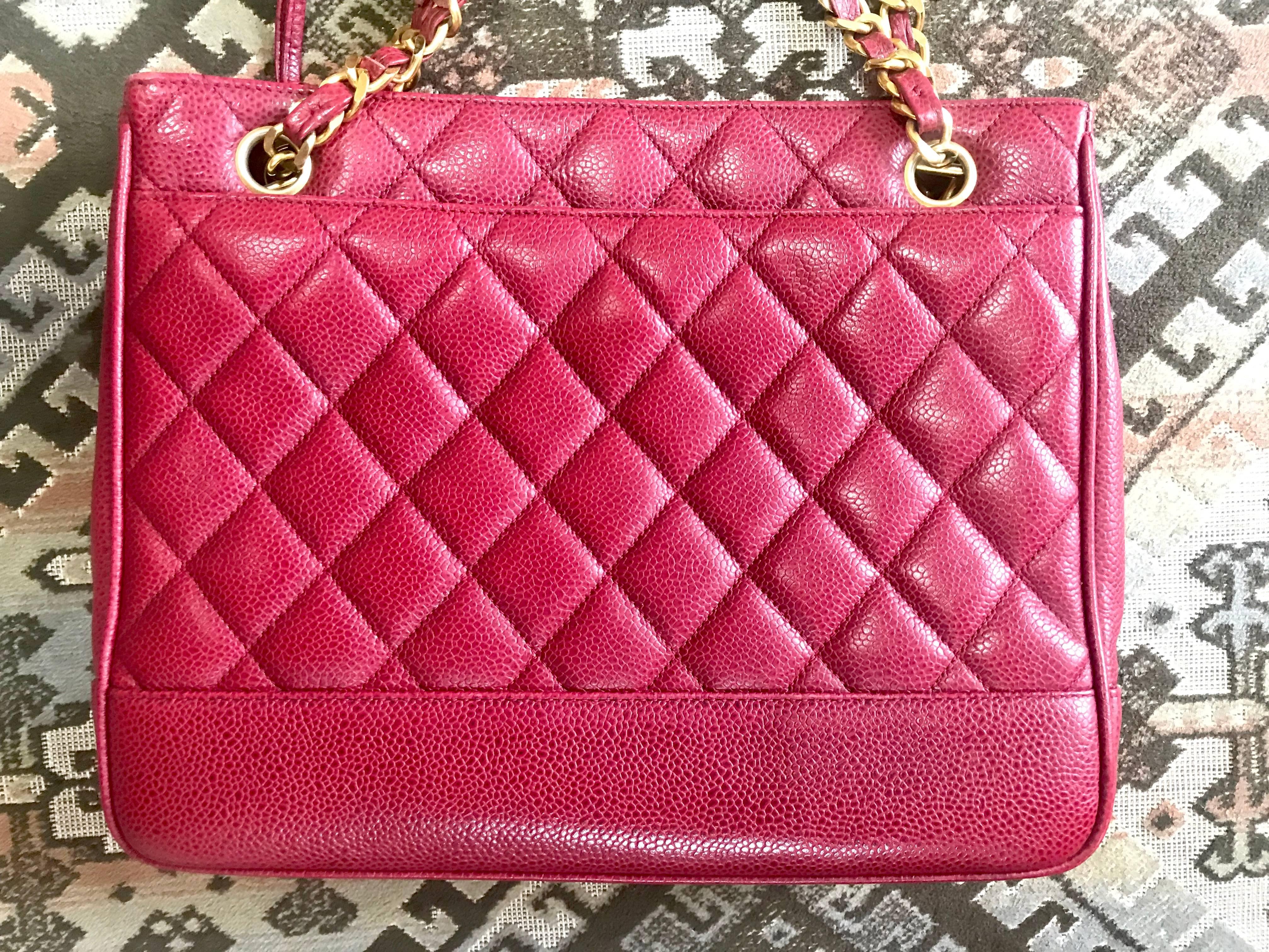 Red Vintage CHANEL cherry red caviar leather quilted shoulder bag, tote with cc ball For Sale
