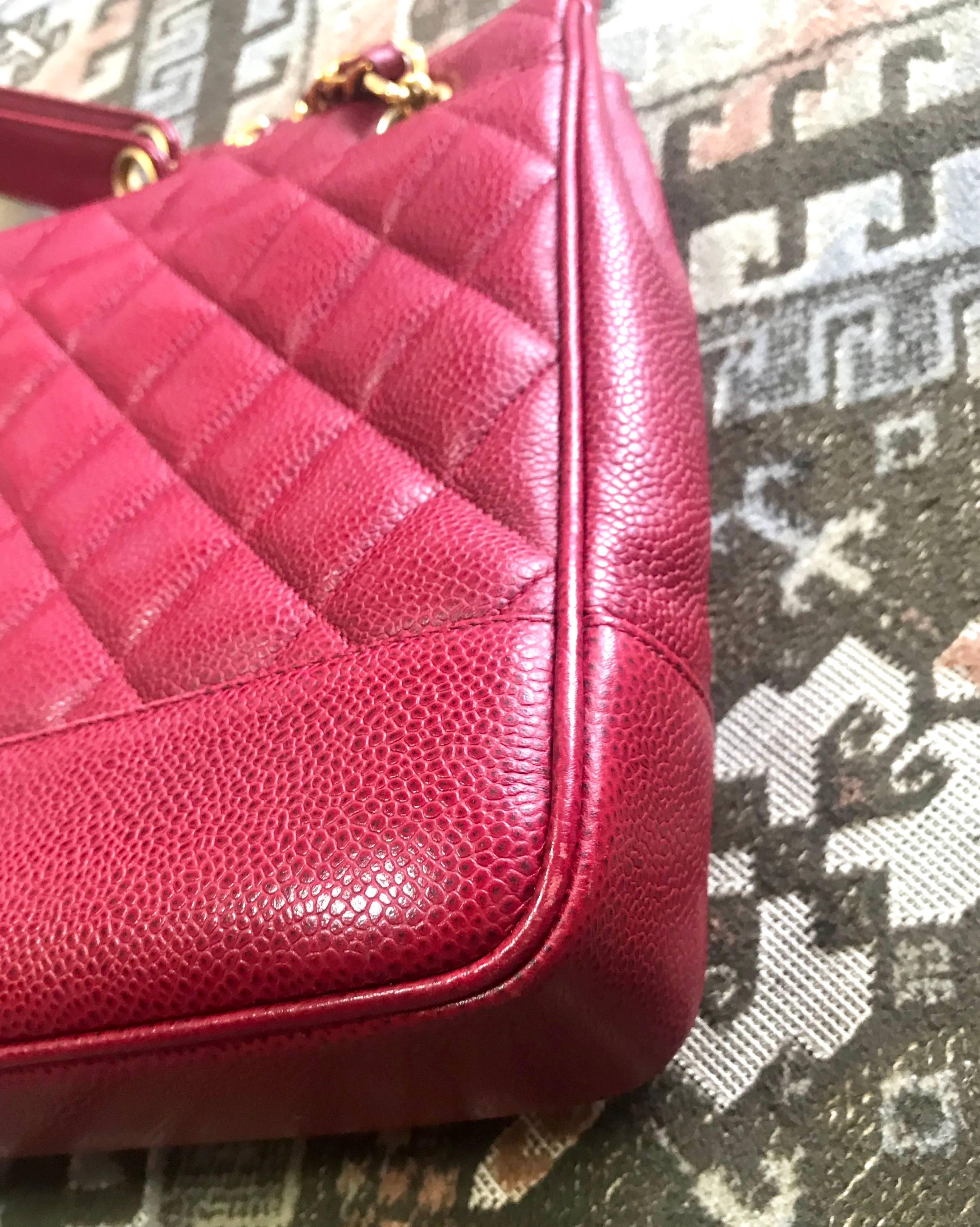 Vintage CHANEL cherry red caviar leather quilted shoulder bag, tote with cc ball For Sale 3