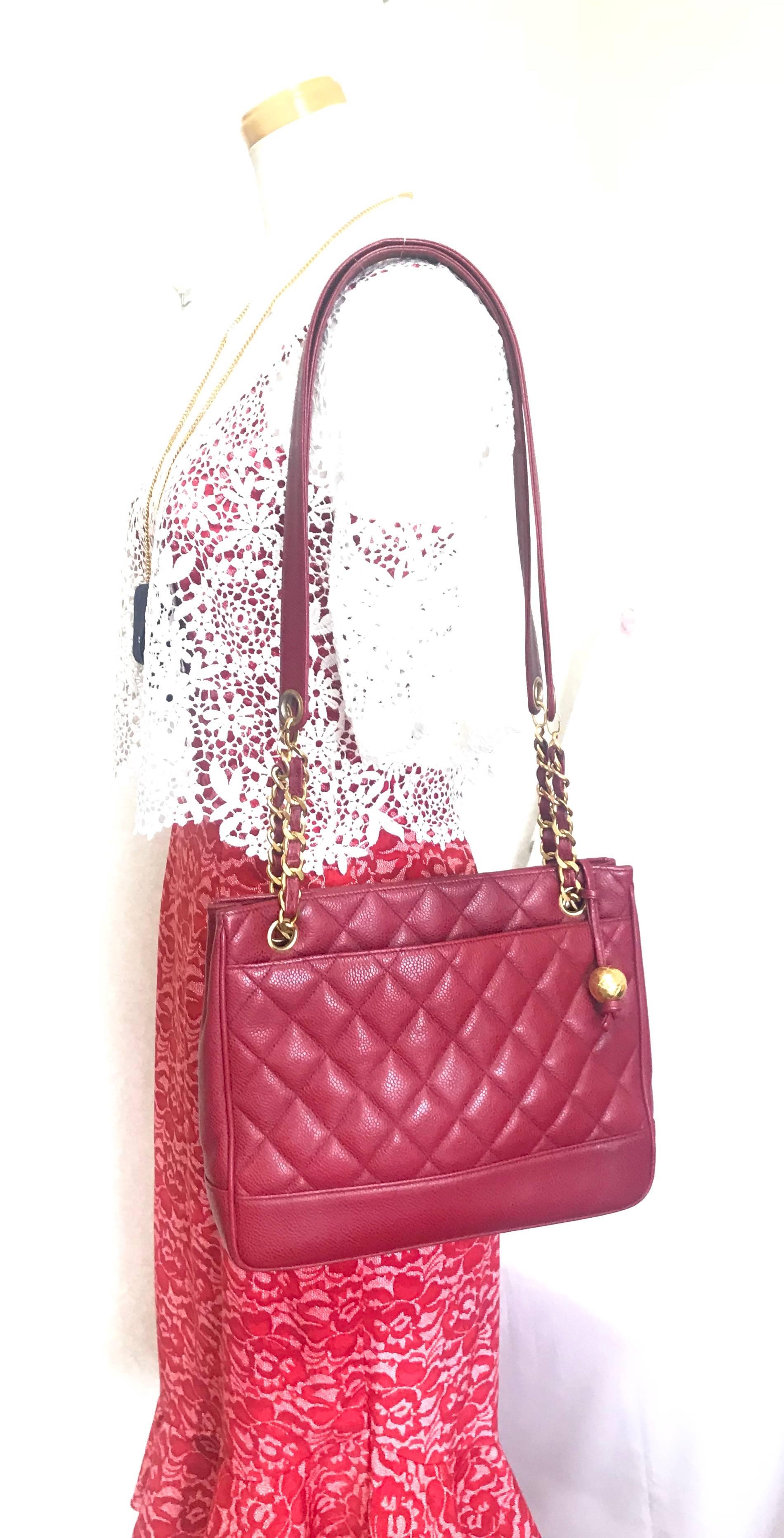 Vintage CHANEL cherry red caviar leather quilted shoulder bag, tote with cc ball For Sale 9