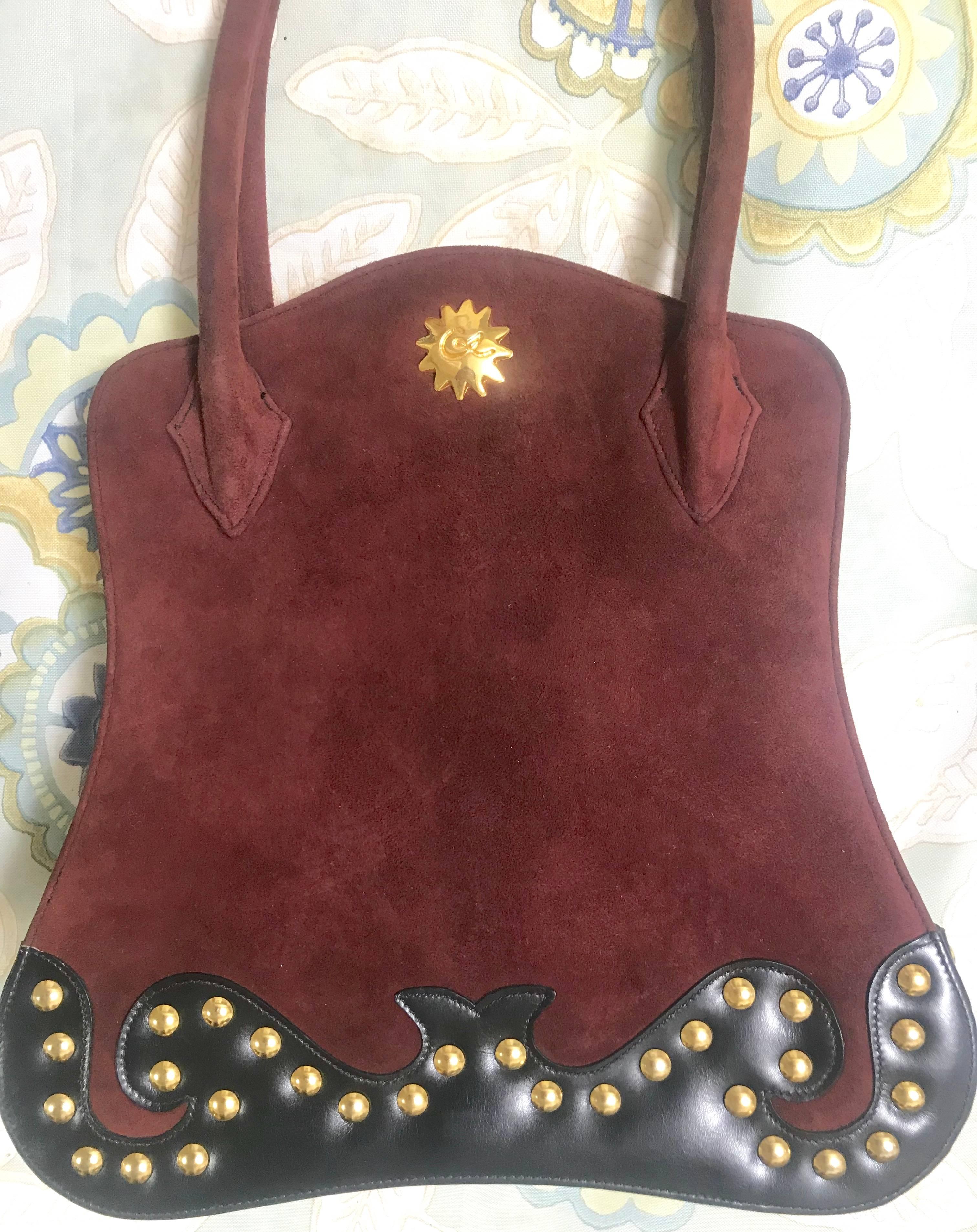 Brown Vintage Christian Lacroix wine brown suede black leather sexy feminine shape bag For Sale
