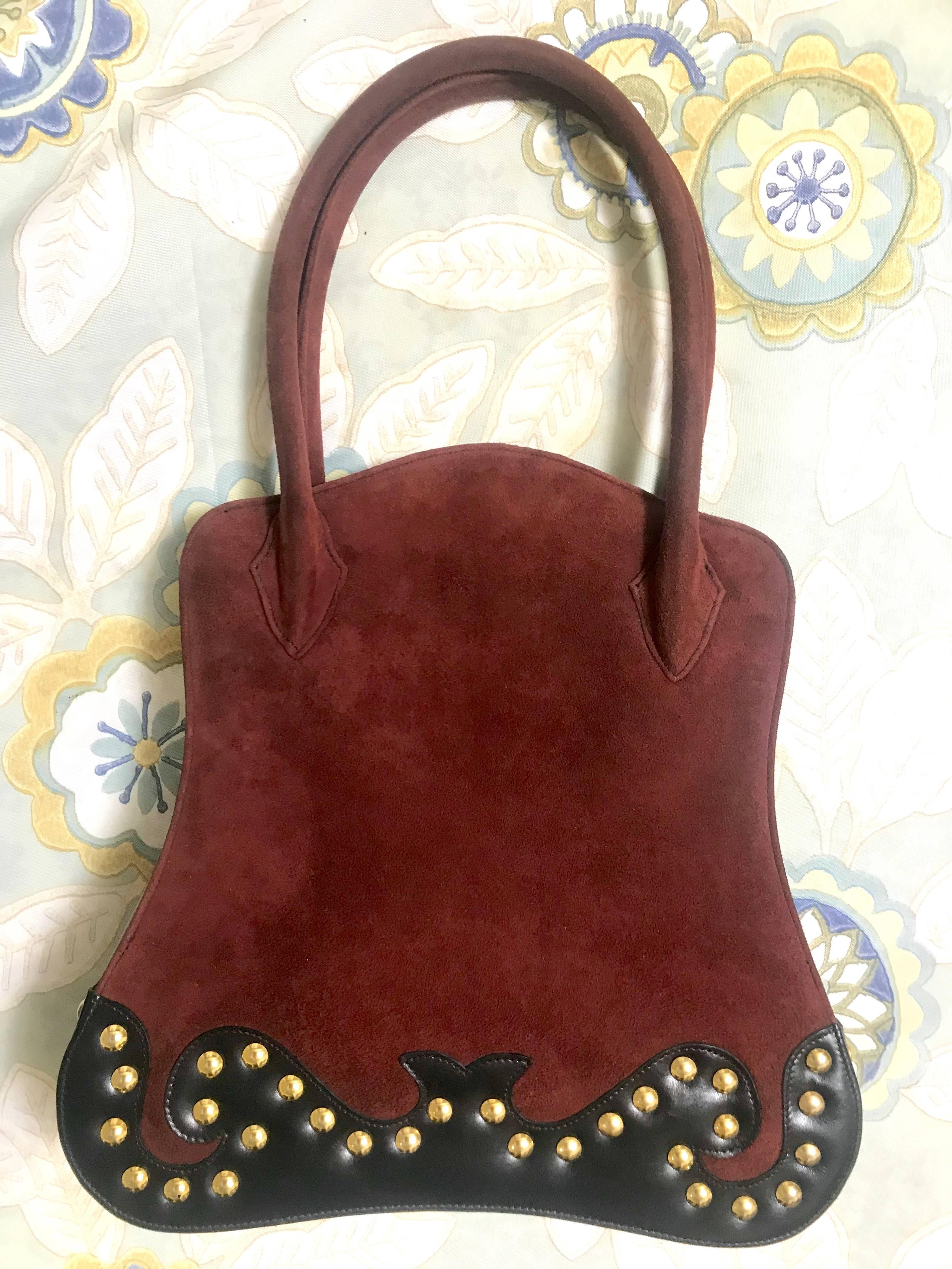 Women's Vintage Christian Lacroix wine brown suede black leather sexy feminine shape bag For Sale