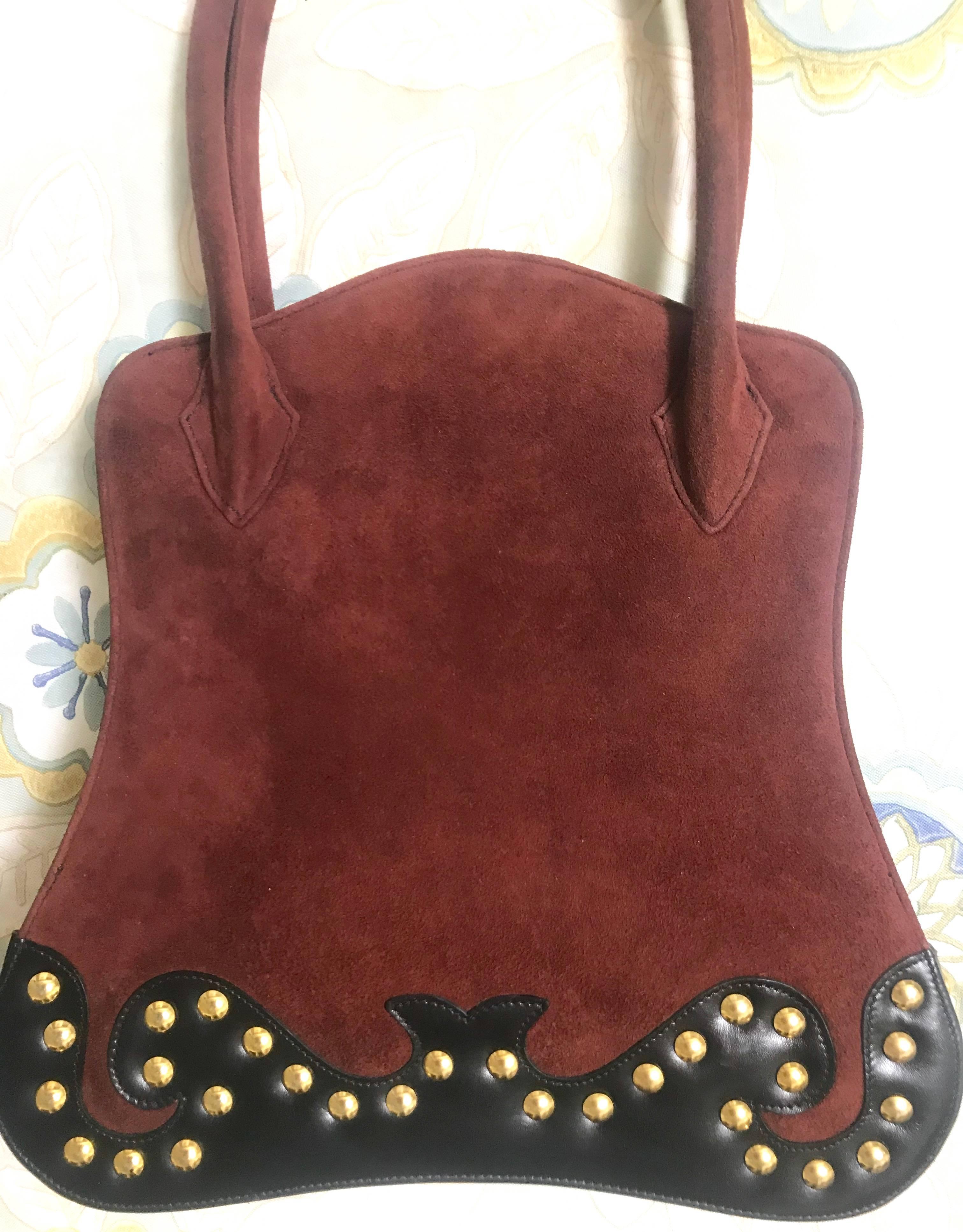 Vintage Christian Lacroix wine brown suede black leather sexy feminine shape bag For Sale 1