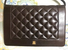 Vintage LANVIN dark brown lamb leather quilted stitch design shoulder clutch bag
