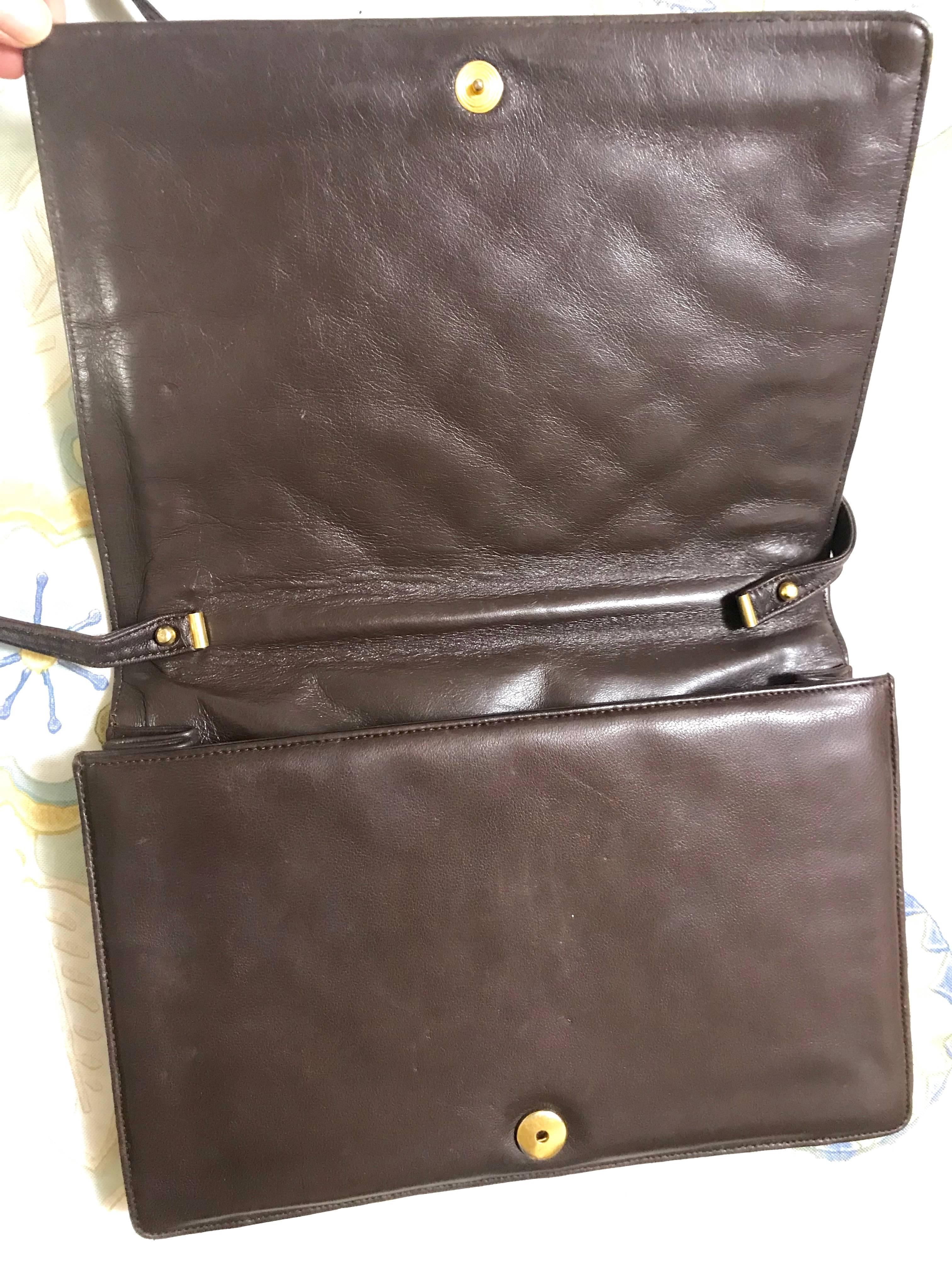 Vintage LANVIN dark brown lamb leather quilted stitch design shoulder clutch bag For Sale 2