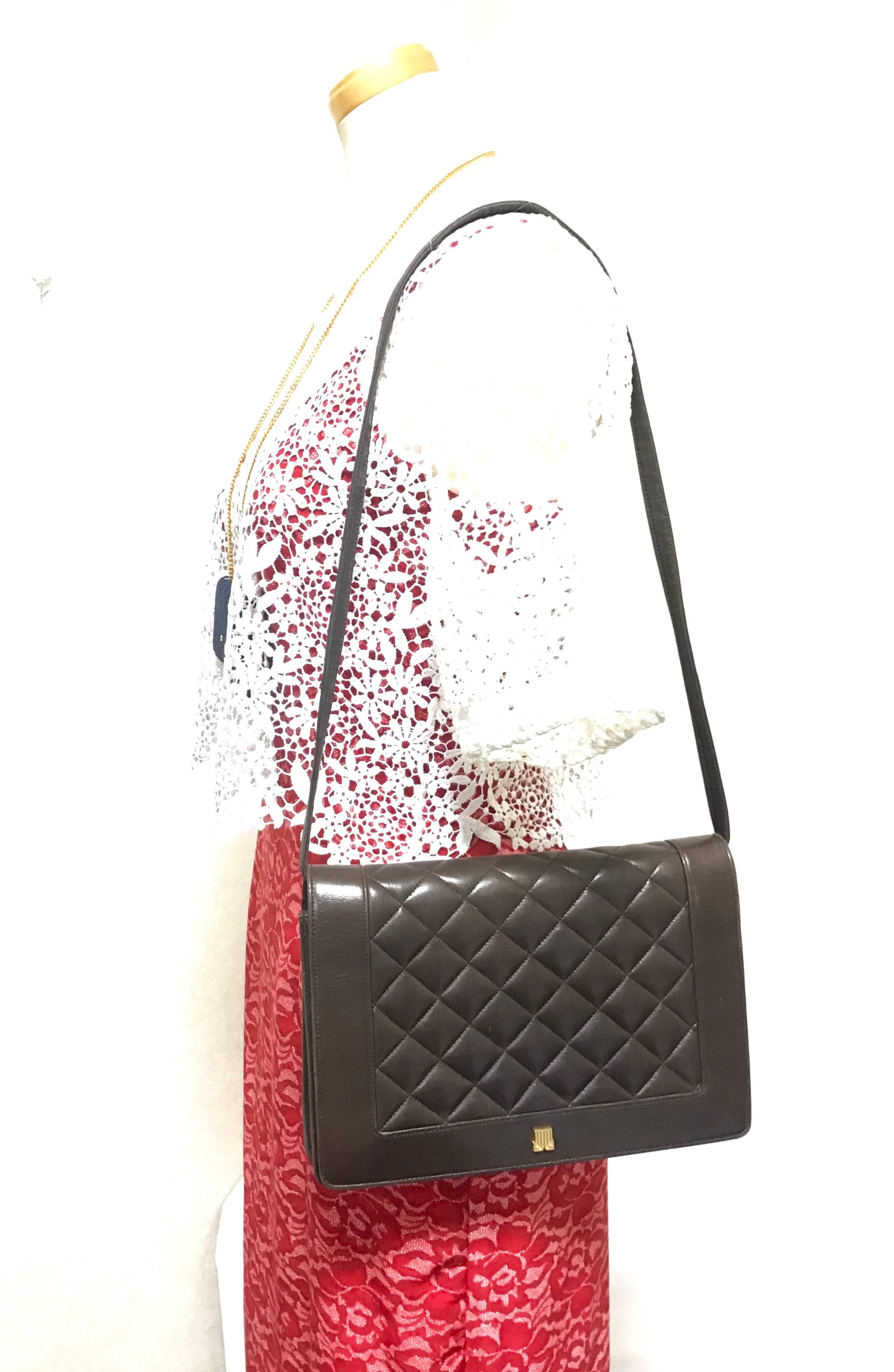 Vintage LANVIN dark brown lamb leather quilted stitch design shoulder clutch bag For Sale 5
