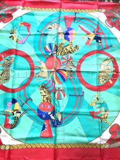 Vintage HERMES Carre large silk scarf with red and blue tone print of Circus.