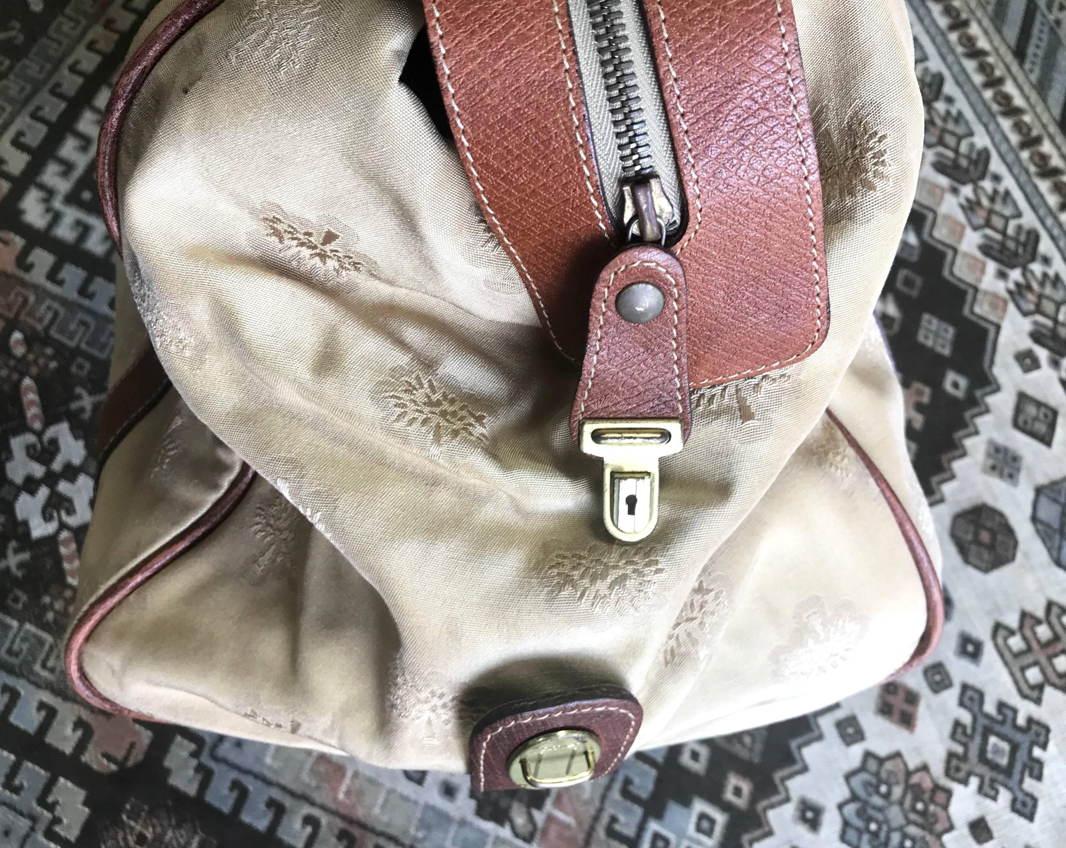 Beige Vintage Mulberry beige logo jacquard fabric travel bag, duffle bag with leather.