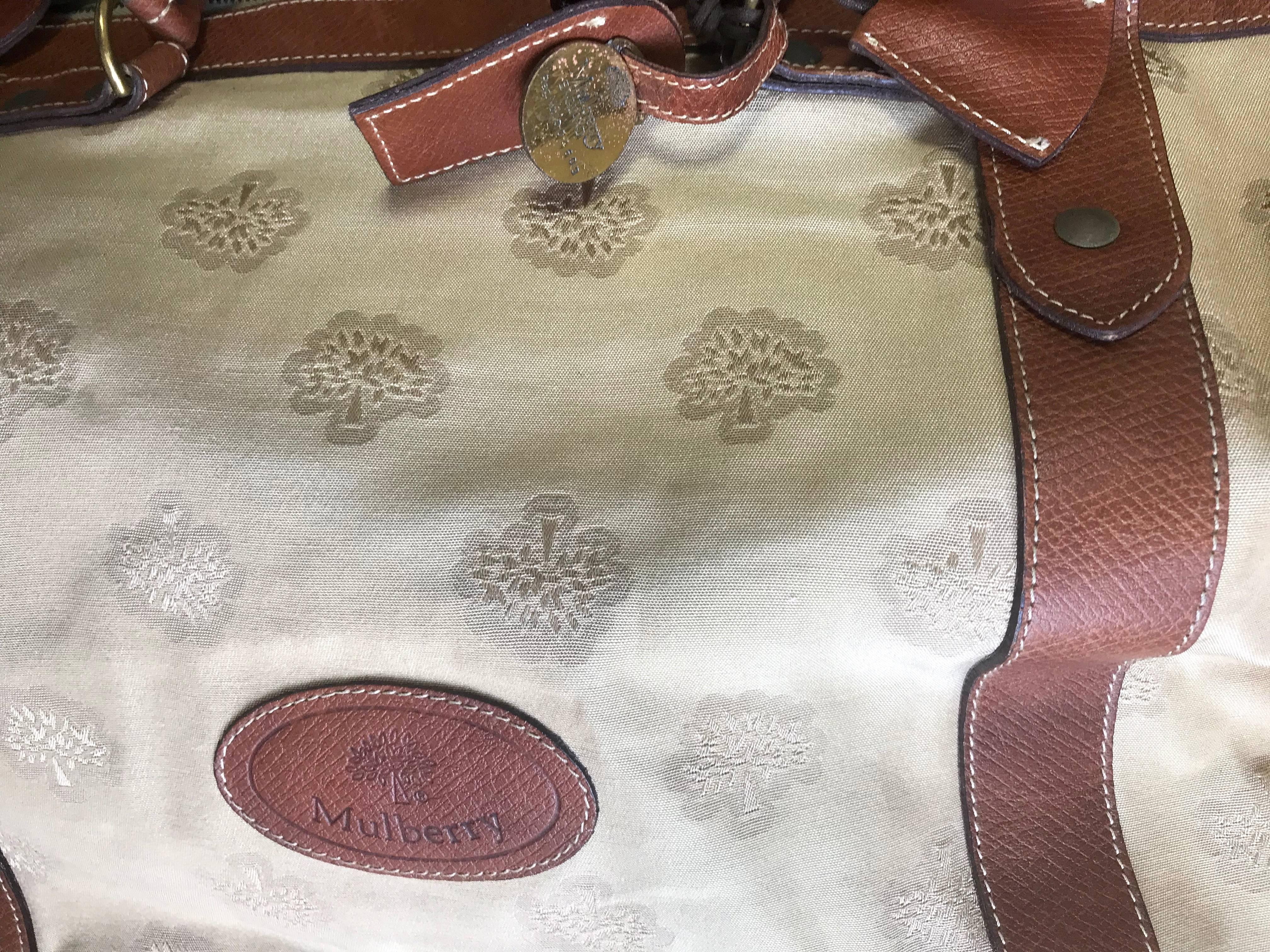 Vintage Mulberry beige logo jacquard fabric travel bag, duffle bag with leather. 9