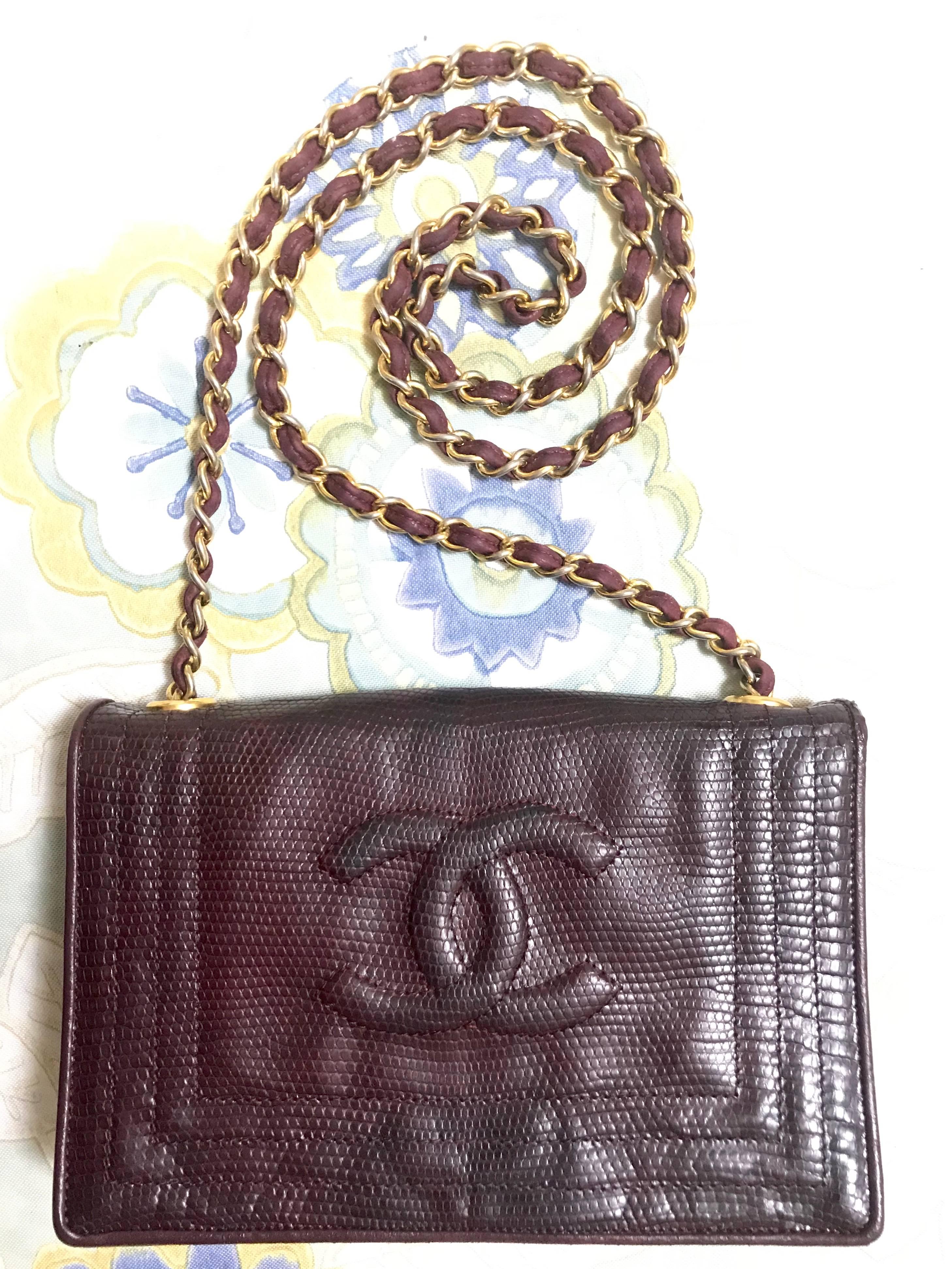 Chanel Vintage genuine dark wine brown lizard chain shoulder bag with CC mark For Sale 11