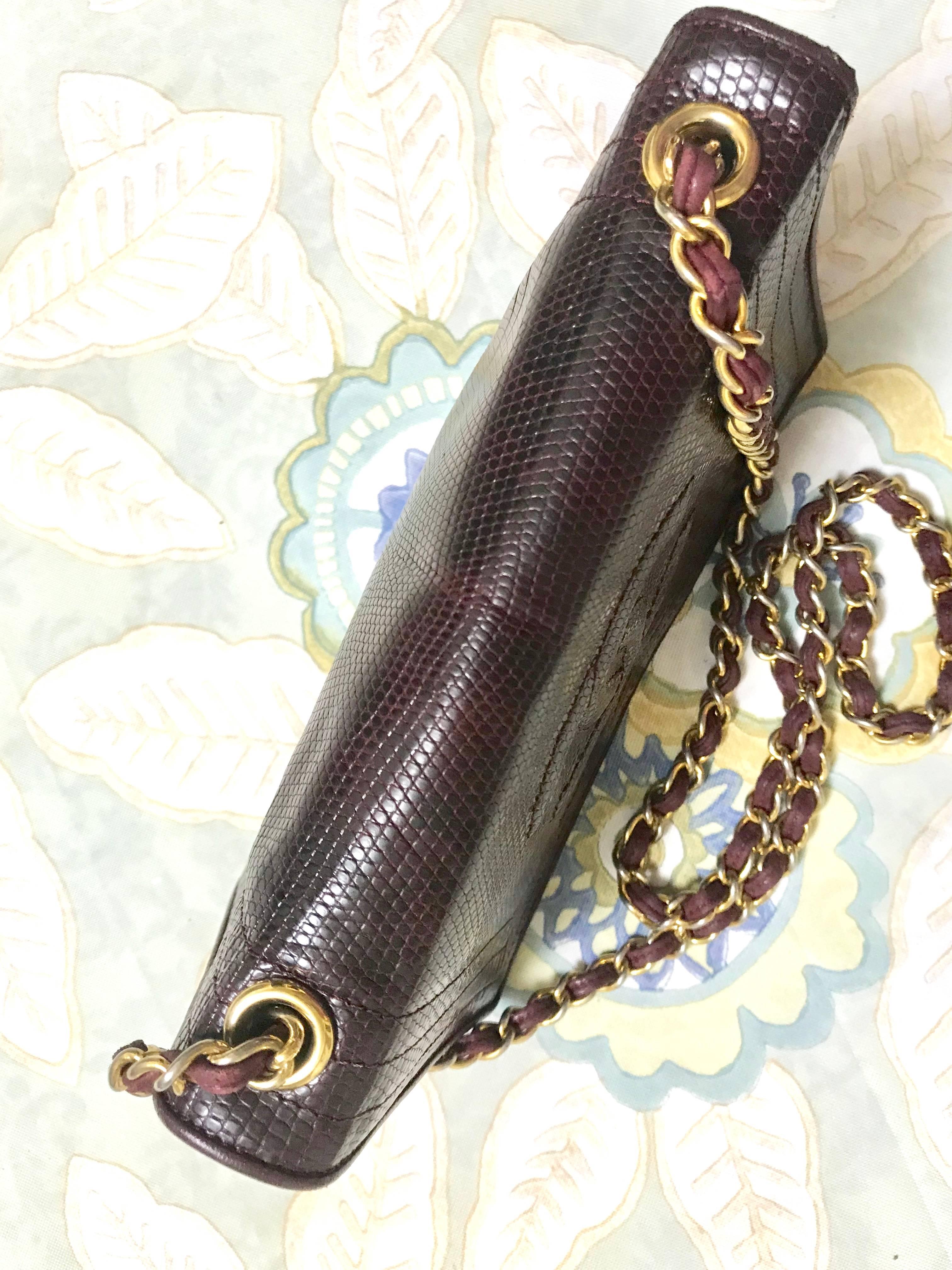 Chanel Vintage genuine dark wine brown lizard chain shoulder bag with CC mark For Sale 3