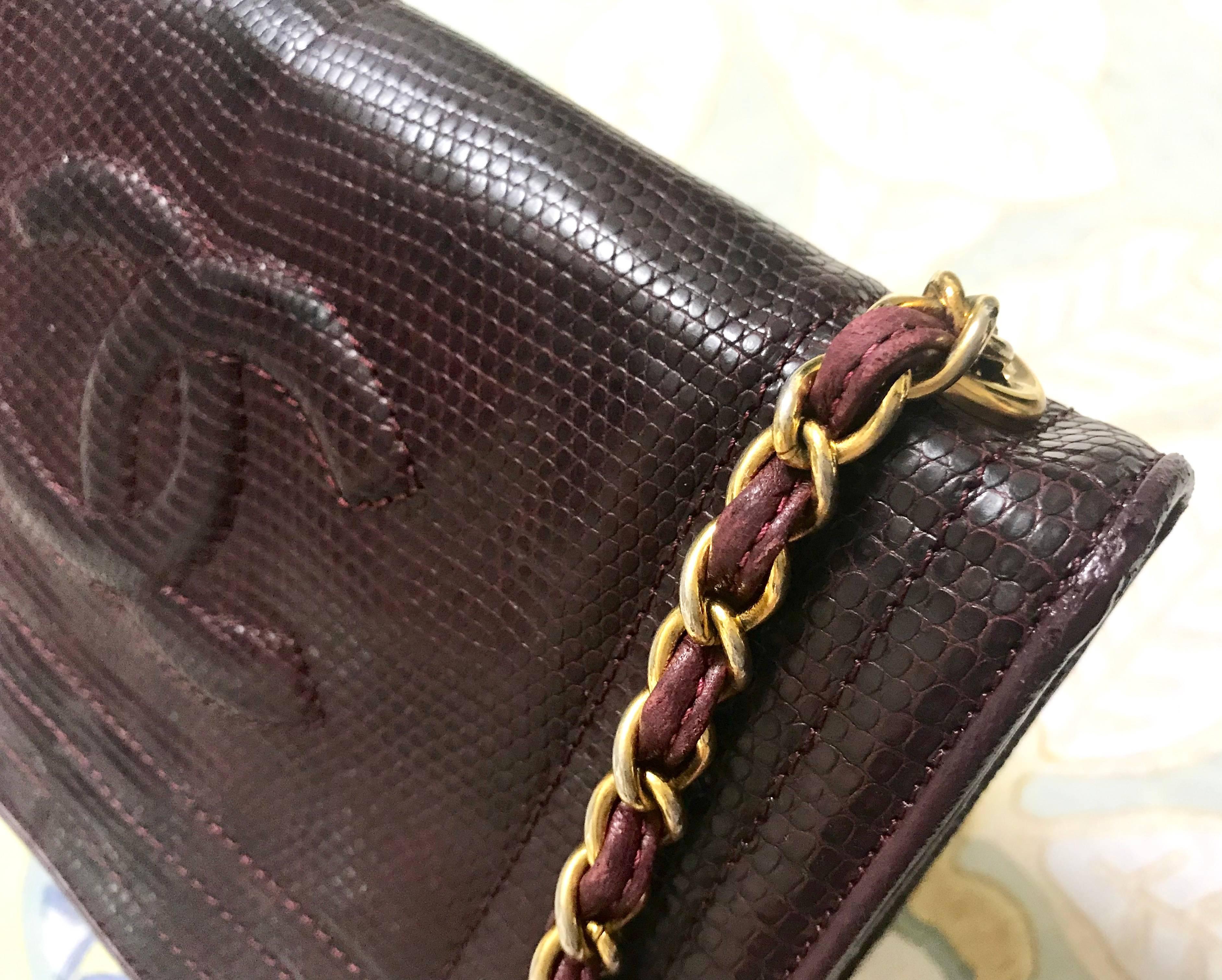 Chanel Vintage genuine dark wine brown lizard chain shoulder bag with CC mark For Sale 4