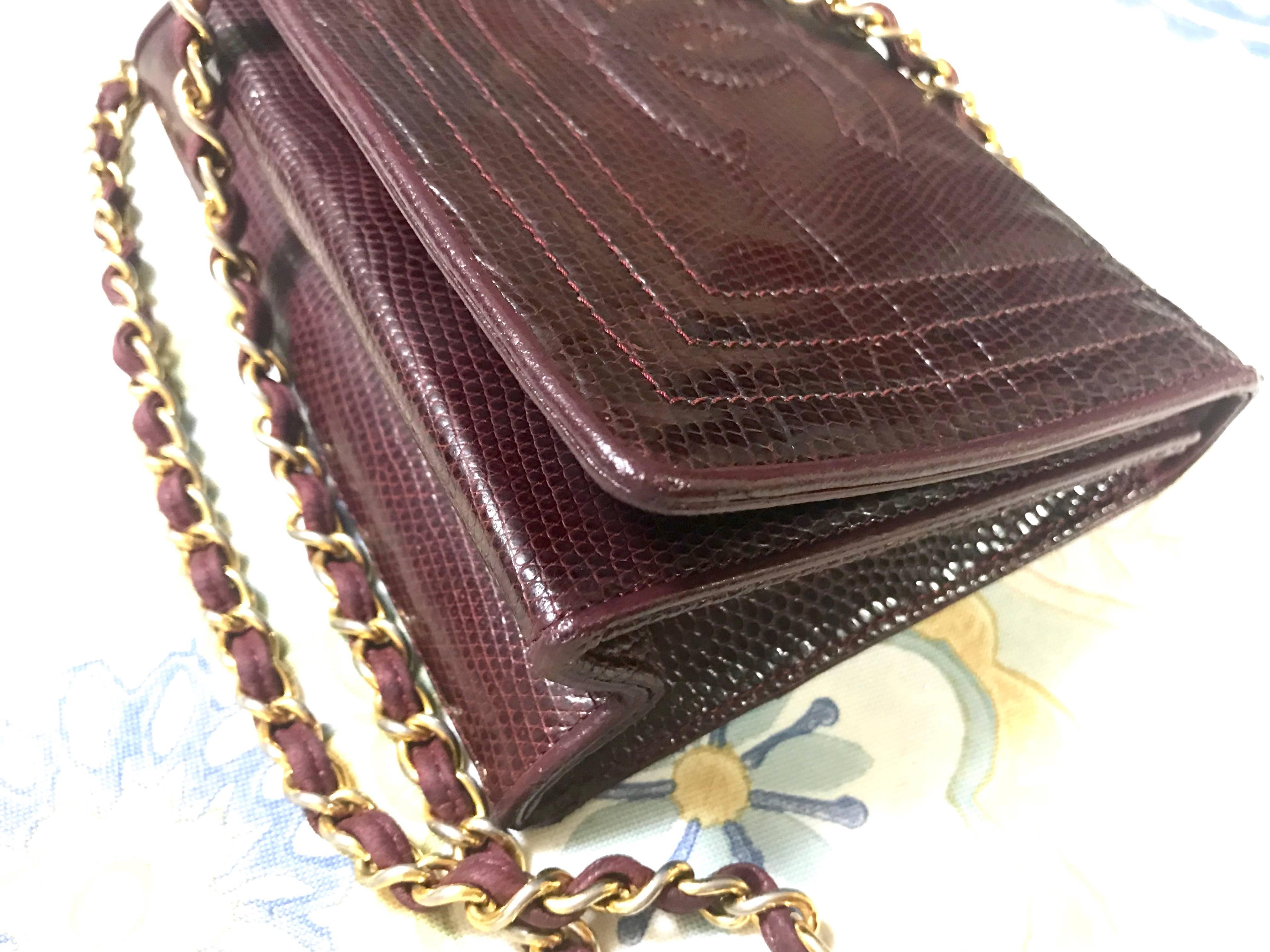 Chanel Vintage genuine dark wine brown lizard chain shoulder bag with CC mark For Sale 5