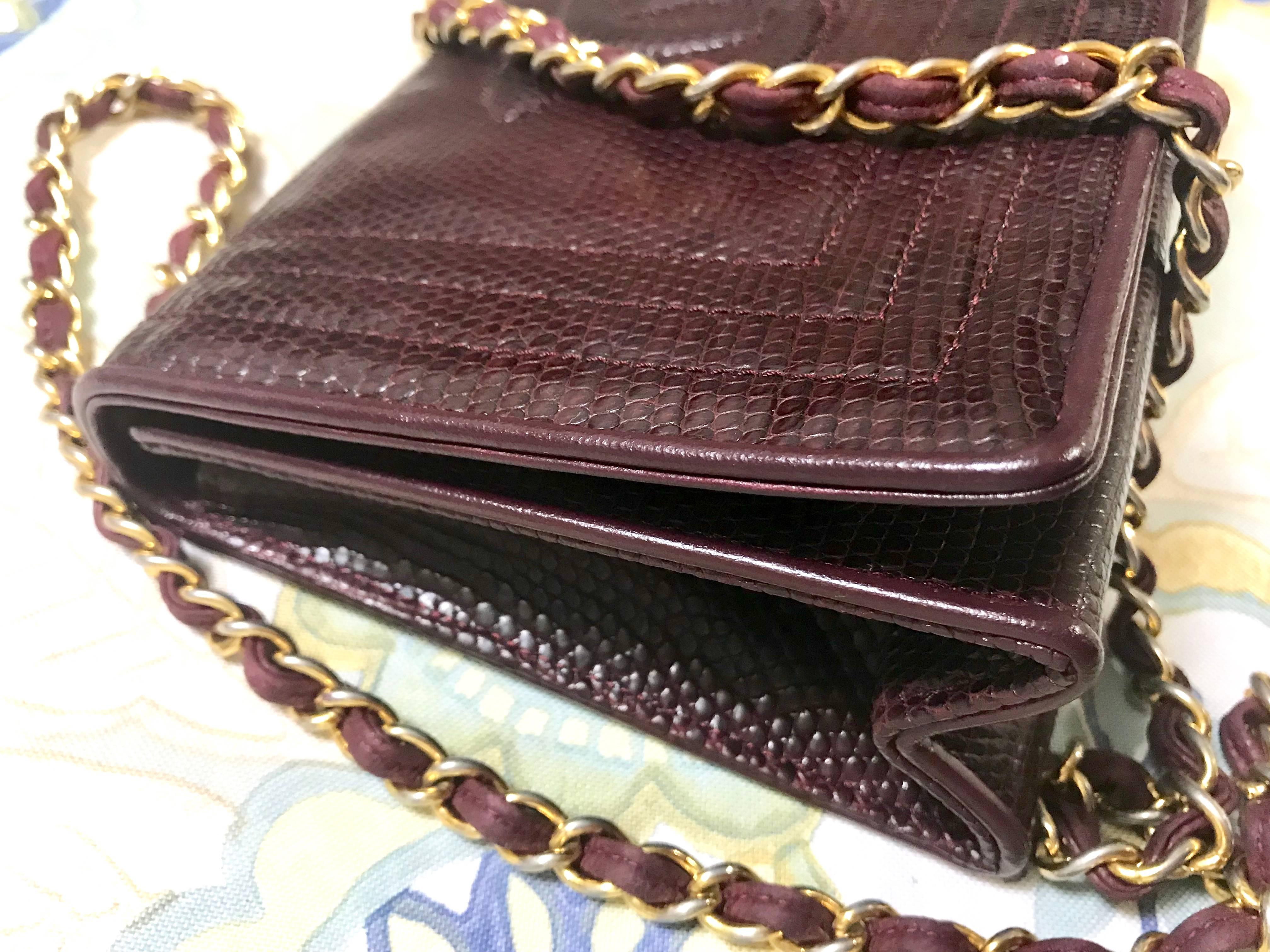 Chanel Vintage genuine dark wine brown lizard chain shoulder bag with CC mark For Sale 6