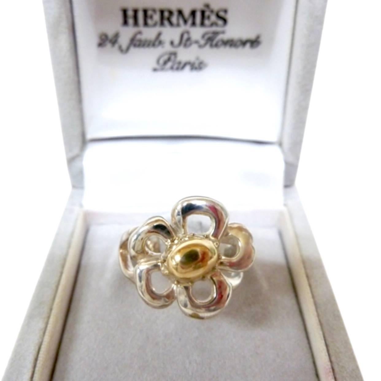 Vintage Hermes 925 silver and 18k gold flower design ring. With original case. For Sale 4