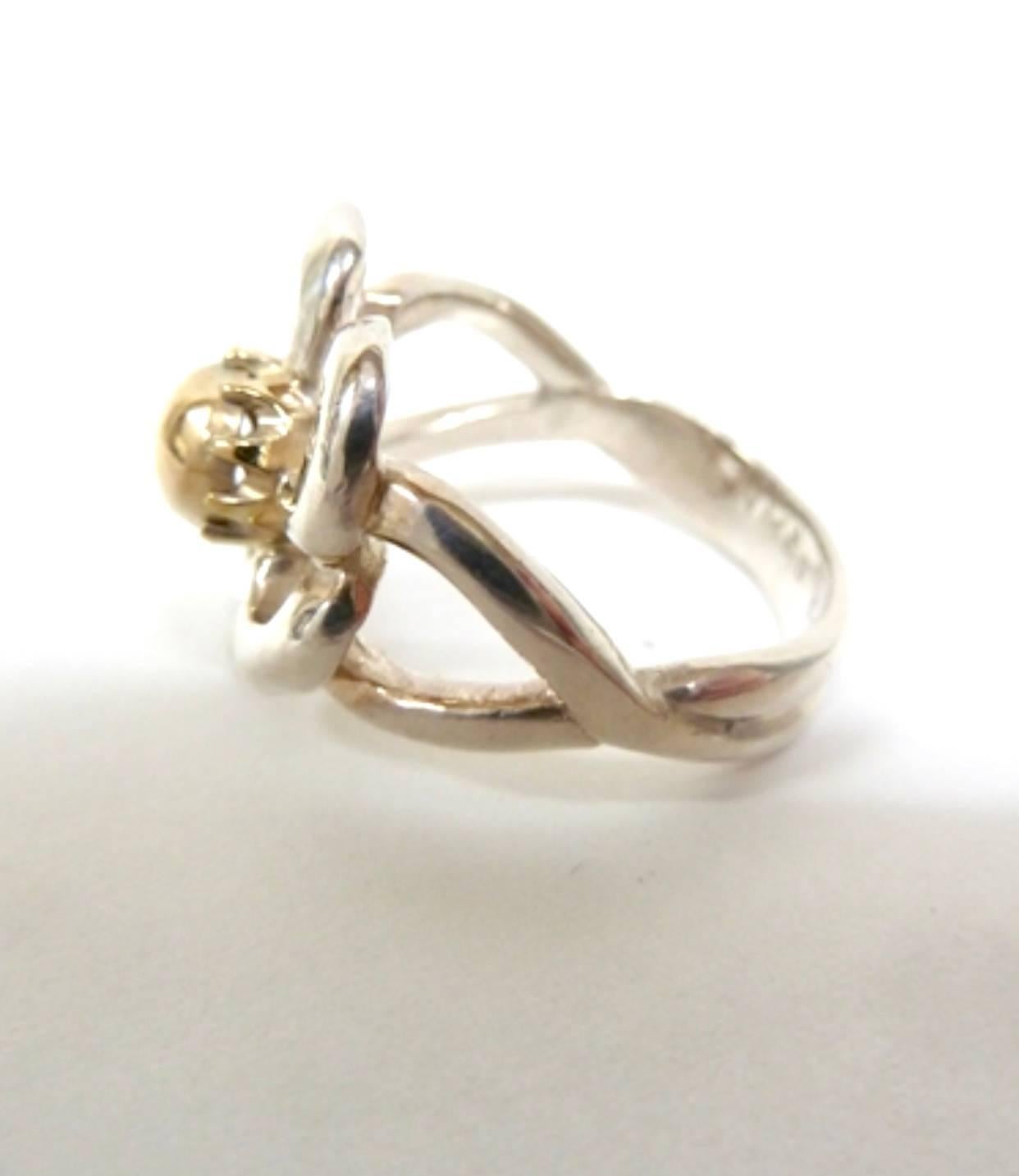 Vintage Hermes 925 silver and 18k gold flower design ring. With original case. For Sale 5