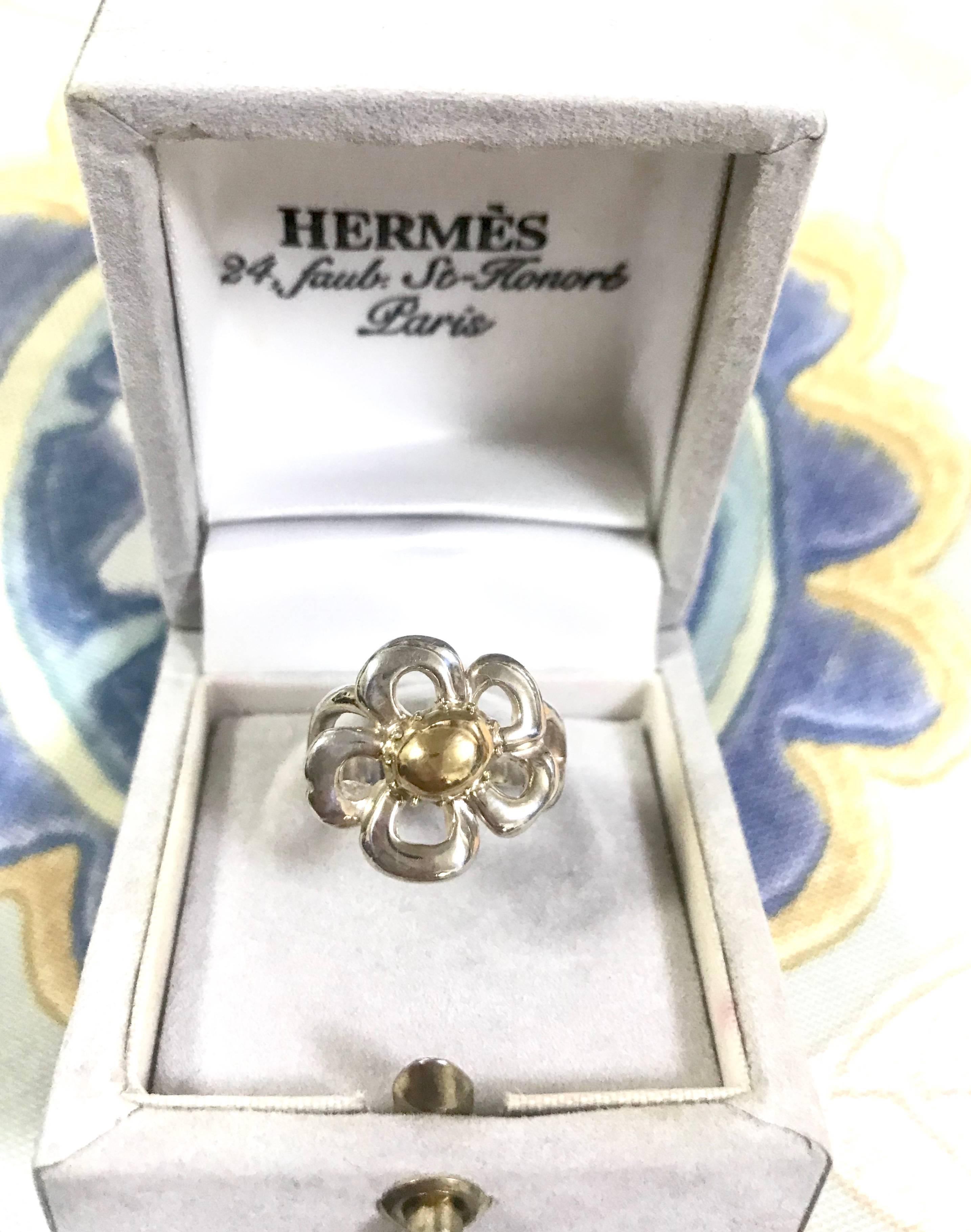 Vintage Hermes 925 silver and 18k gold flower design ring. With original case. For Sale 8