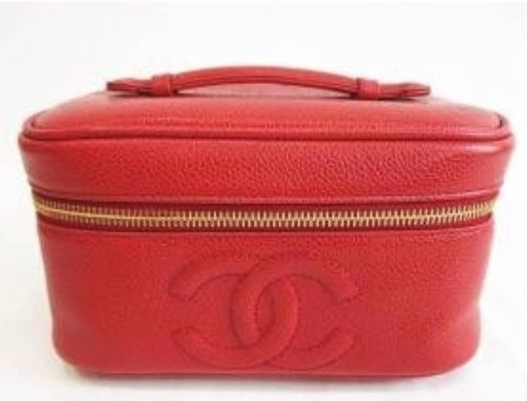 Chanel Vintage Lipstick Red Caviar Leather Cosmetic And Toiletry Pouch,  Makeup Case Bag