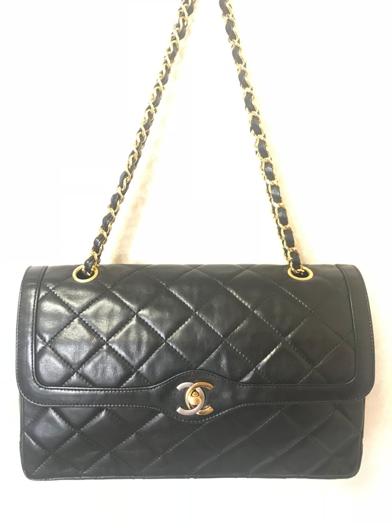 Chanel Black Leather and Gold Metal Camellia Round Clutch with Chain Bag