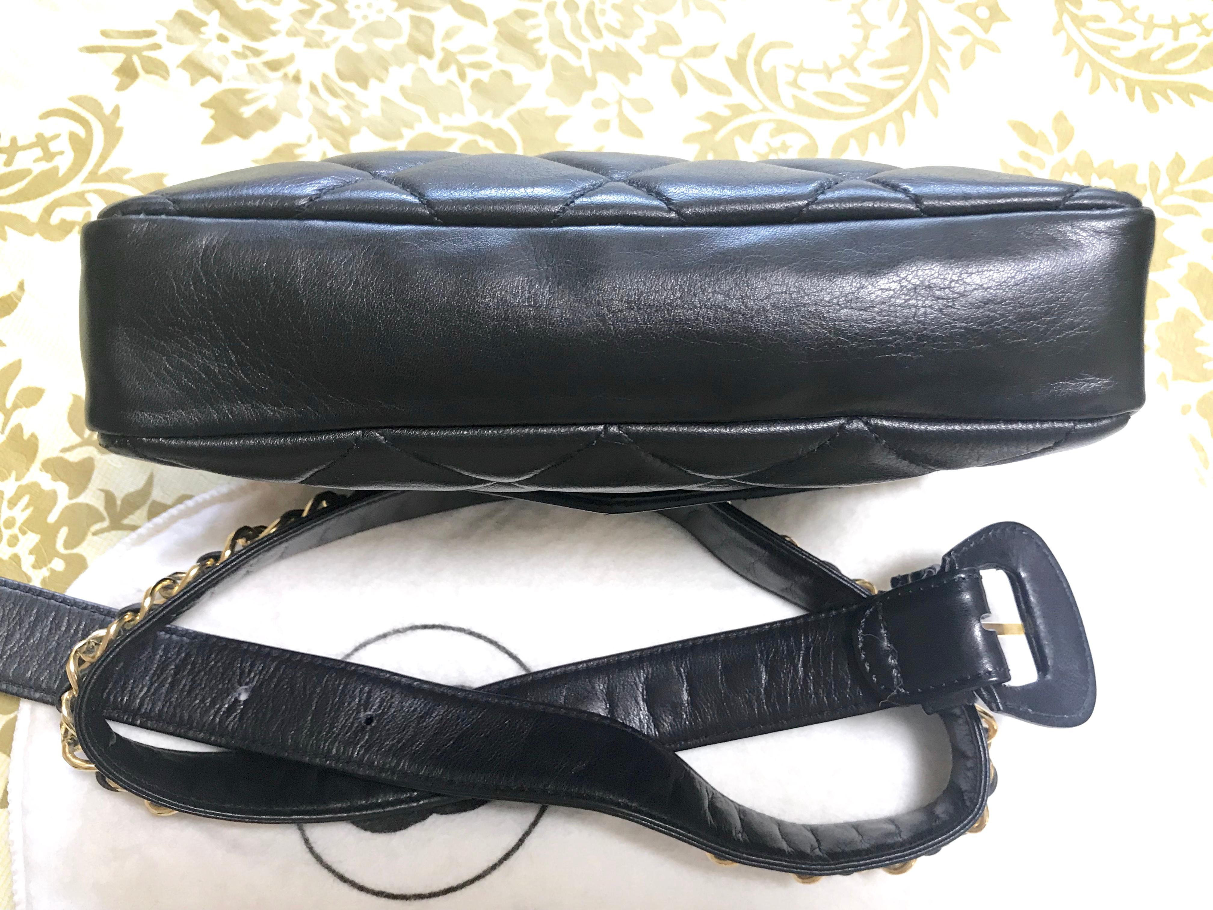 Chanel Vintage black lamb belt bag / fanny pack with golden chain belt and CC  For Sale 1