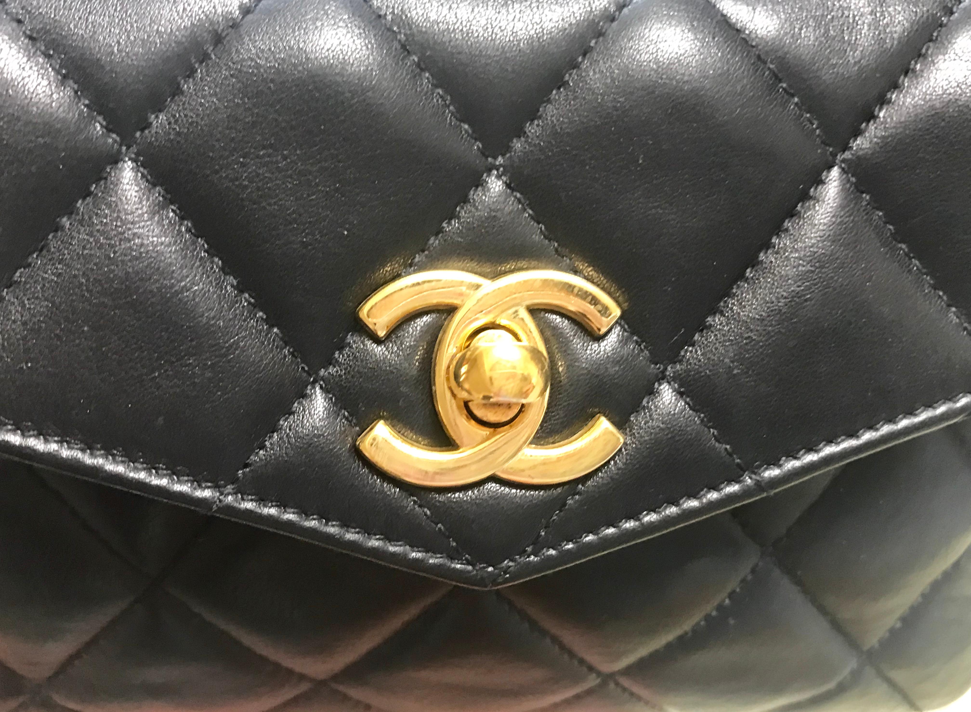 Black Chanel Vintage black lamb belt bag / fanny pack with golden chain belt and CC  For Sale