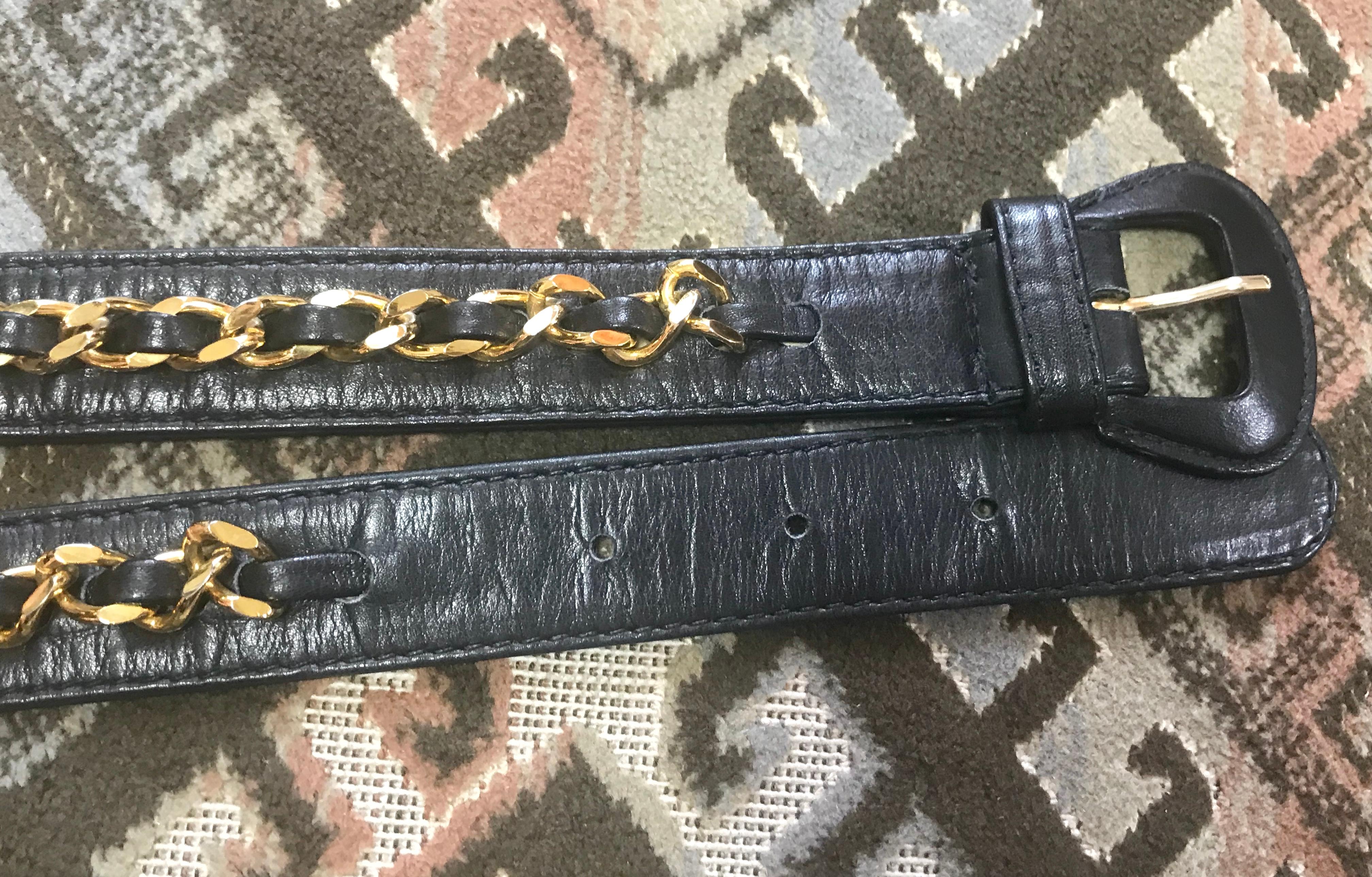Vintage CHANEL black belt bag, fanny pack with golden chain belt and CC. 28”-30” 13