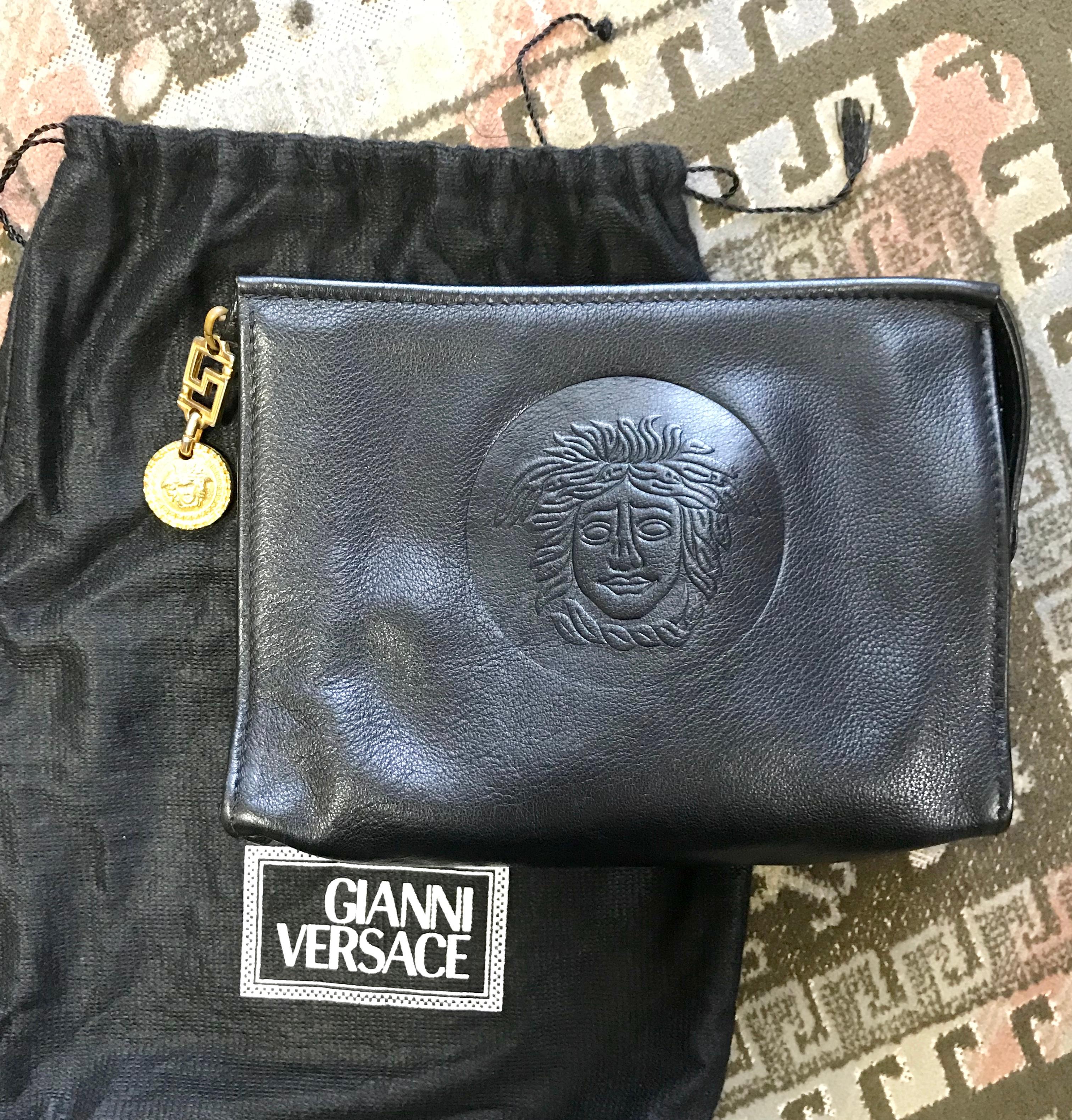 Vintage Gianni Versace black leather clutch purse, pouch, case bag with medusa. 2