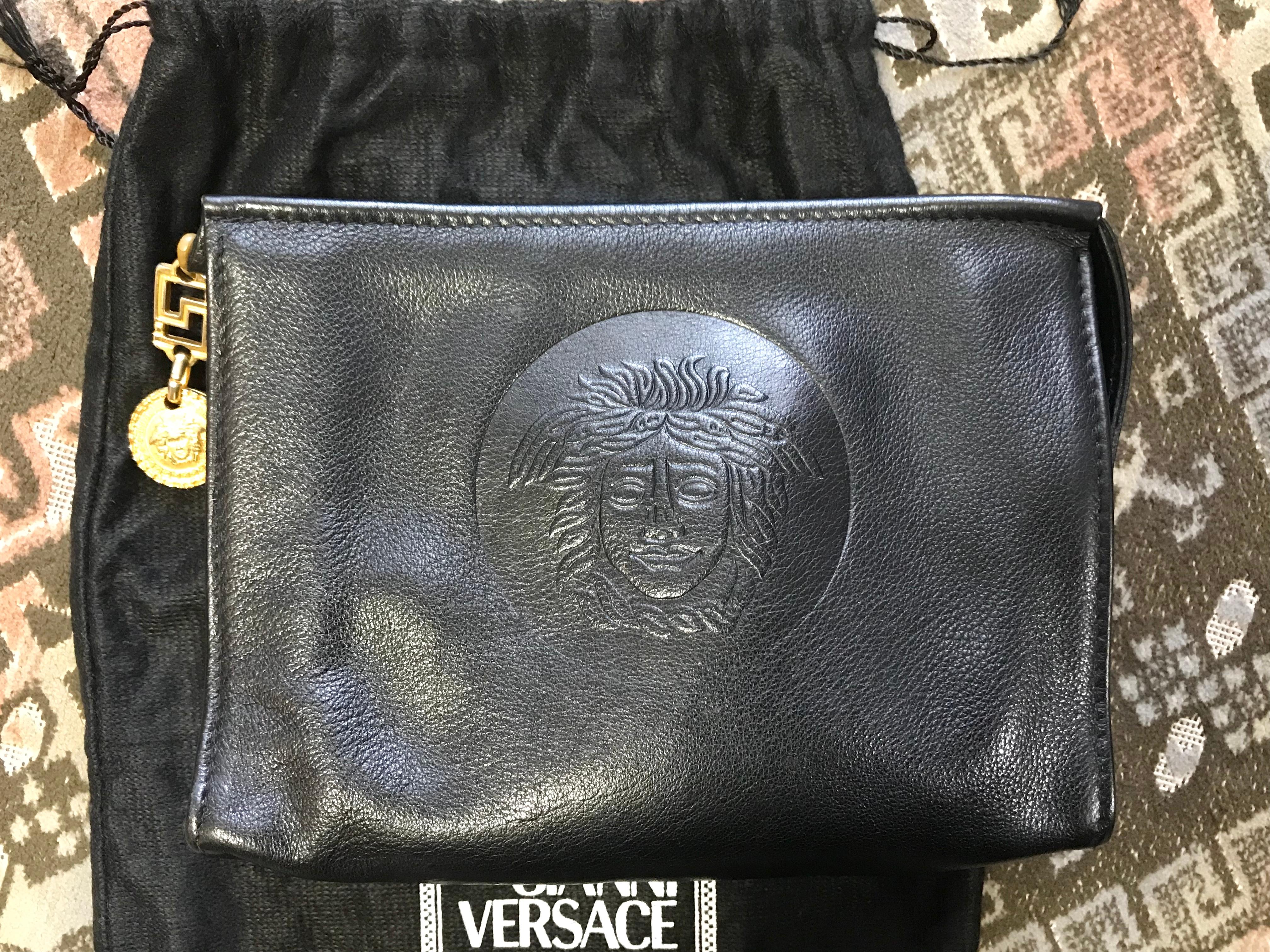 Vintage Gianni Versace black leather clutch purse, pouch, case bag with medusa. 3