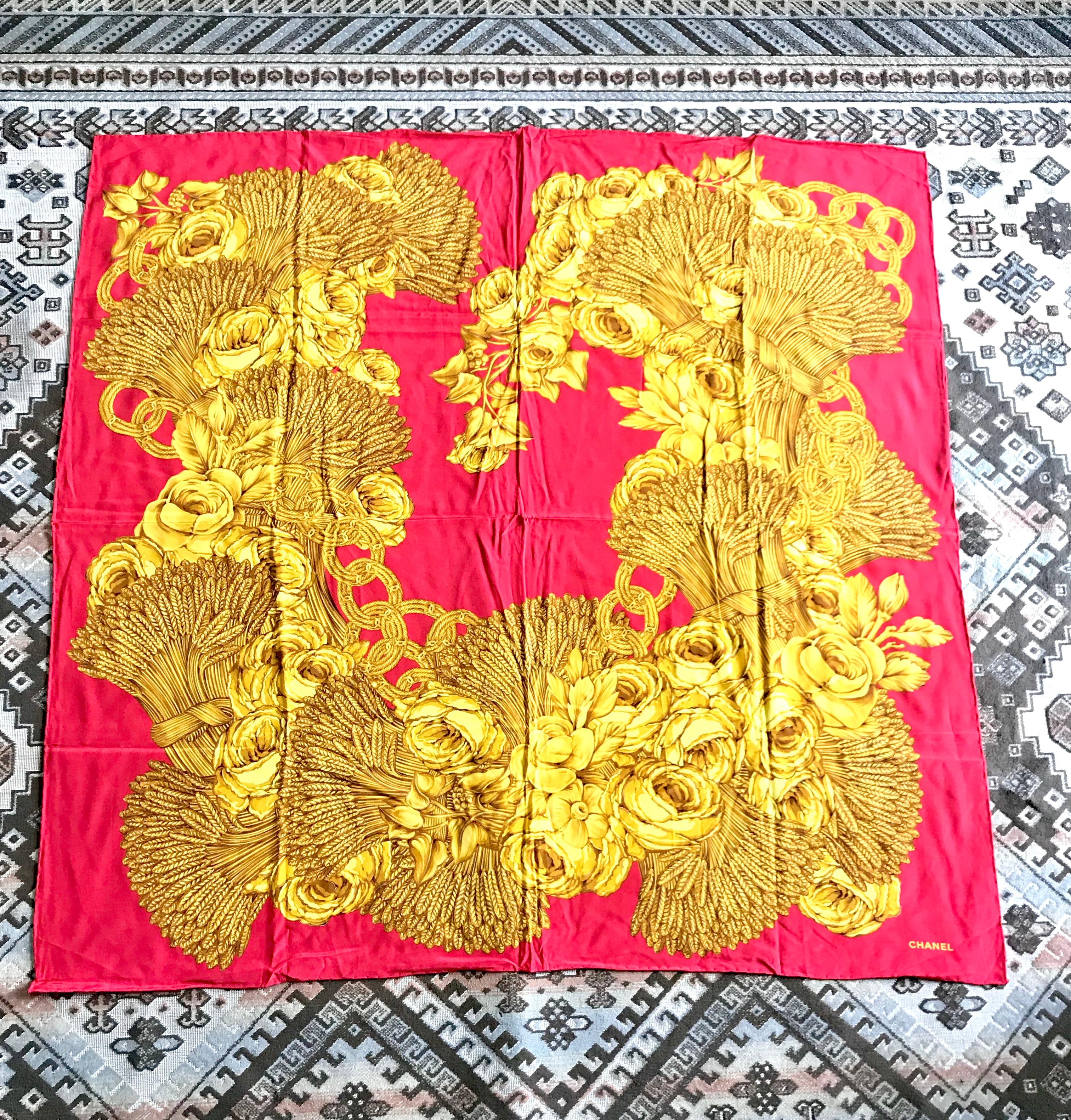 Women's Vintage CHANEL red and gold color CC marks, rose, wheat, and chain pattern scarf For Sale