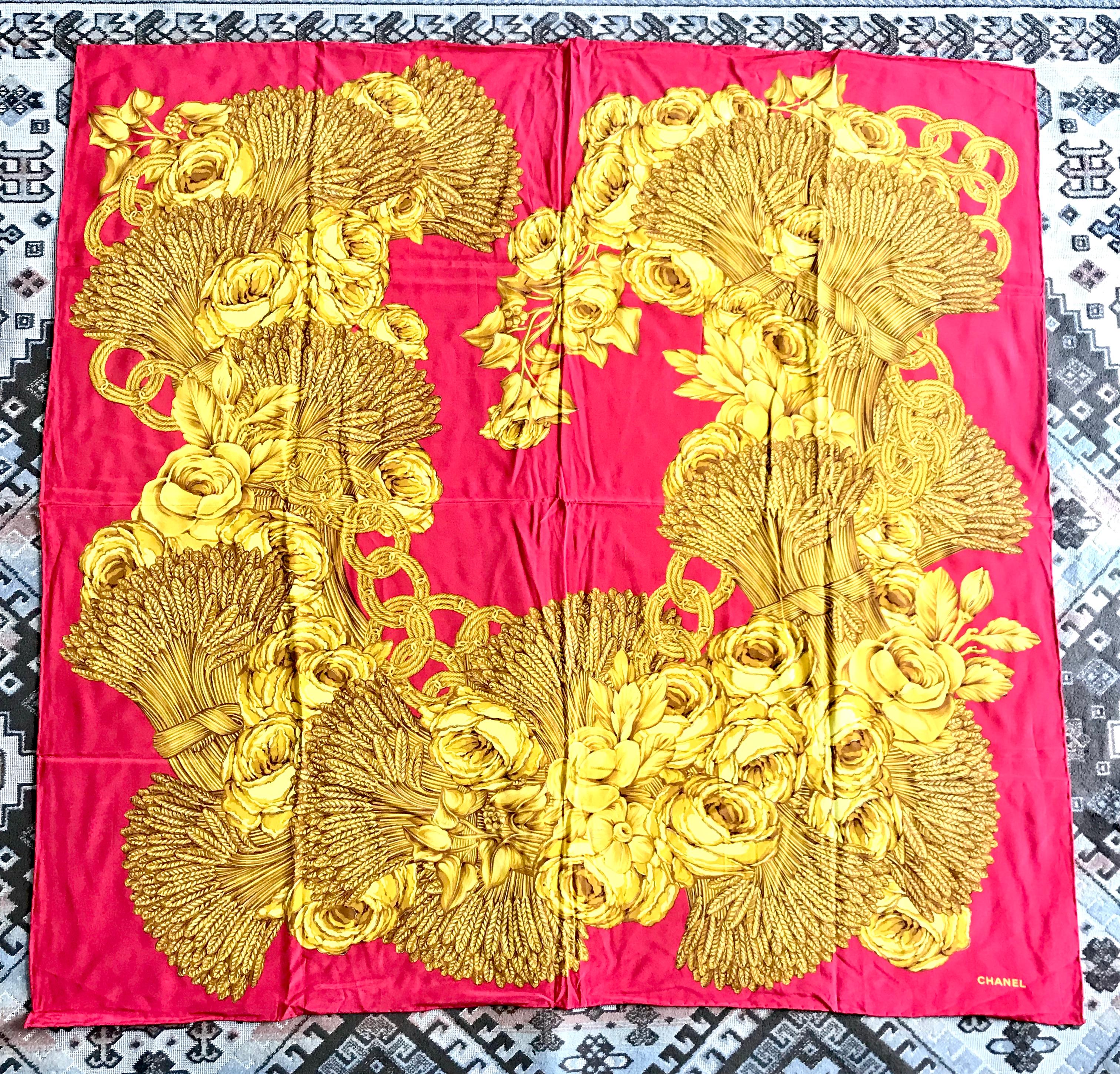Vintage CHANEL red and gold color CC marks, rose, wheat, and chain pattern scarf For Sale 1