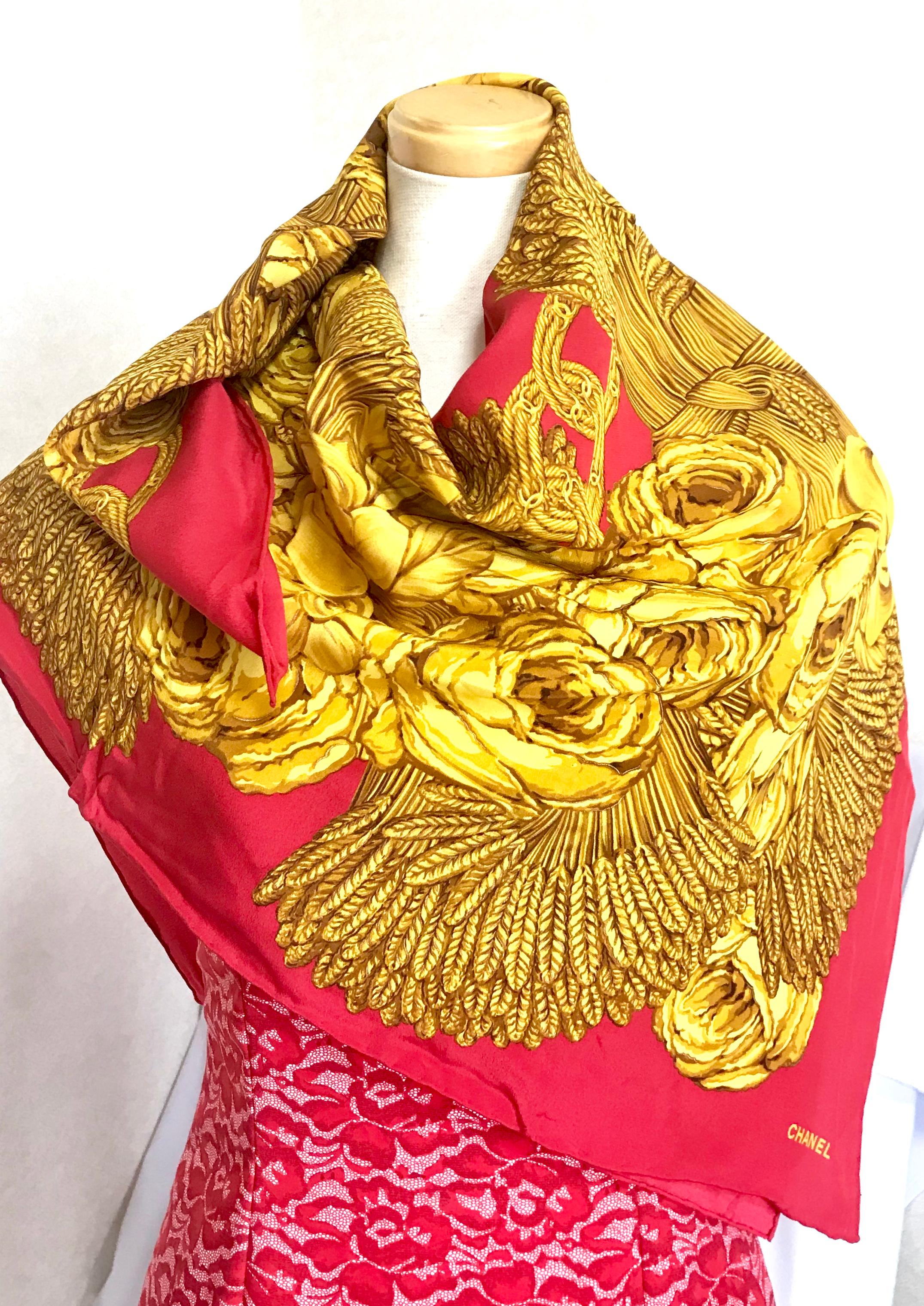Vintage CHANEL red and gold color CC marks, rose, wheat, and chain pattern scarf For Sale 4