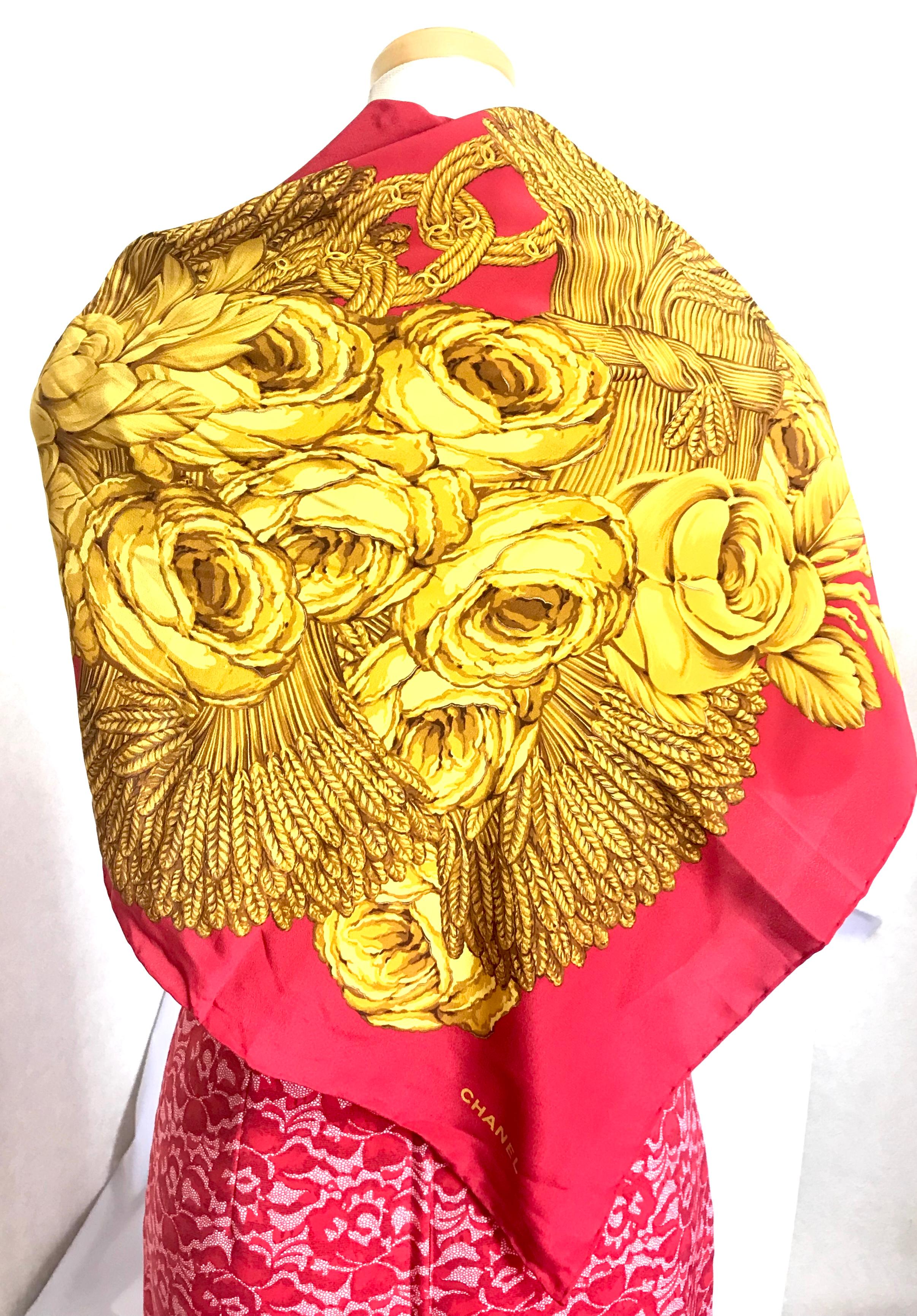 Vintage CHANEL red and gold color CC marks, rose, wheat, and chain pattern scarf For Sale 5