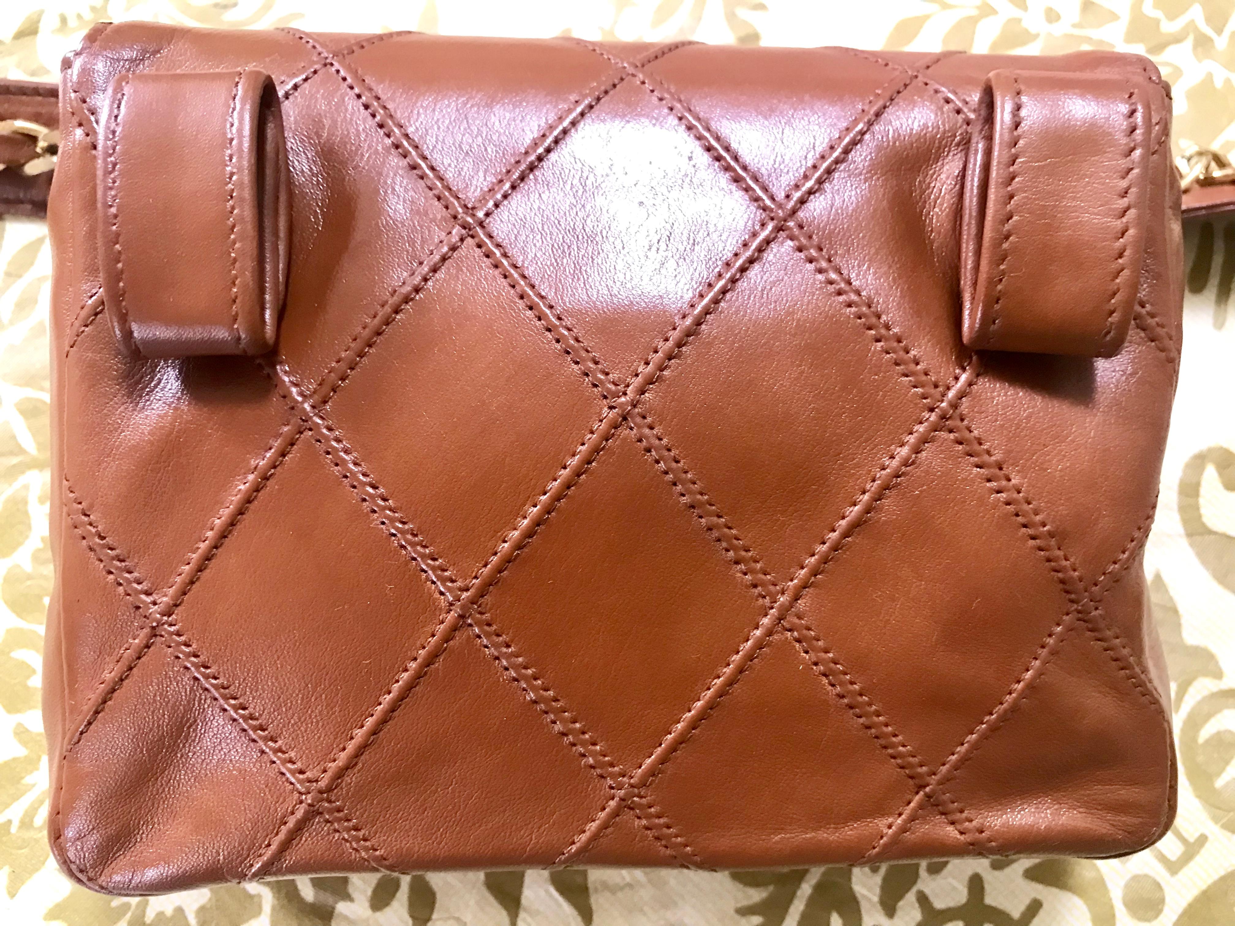 Brown Chanel Vintage brown leather waist purse fanny pack hip bag with . Belt bag. For Sale