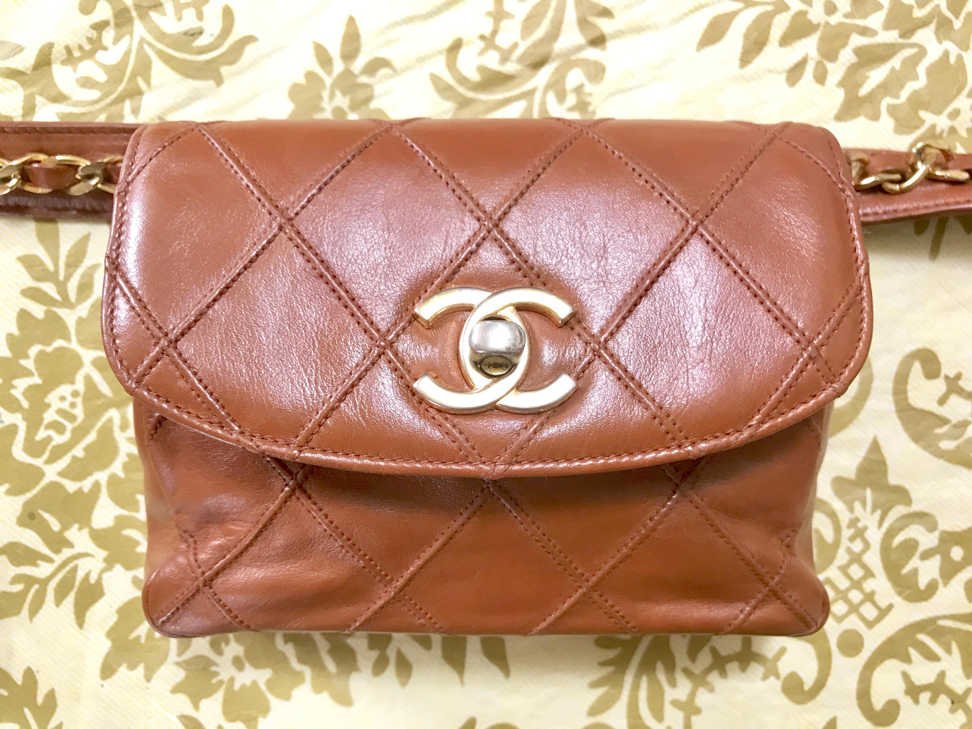 Chanel Vintage brown leather waist purse fanny pack hip bag with . Belt bag. For Sale 11