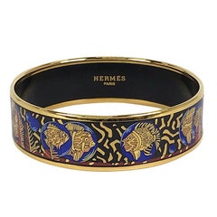 Vintage Hermes cloisonne enamel yellow fish in blue, black, red bangle bracele.