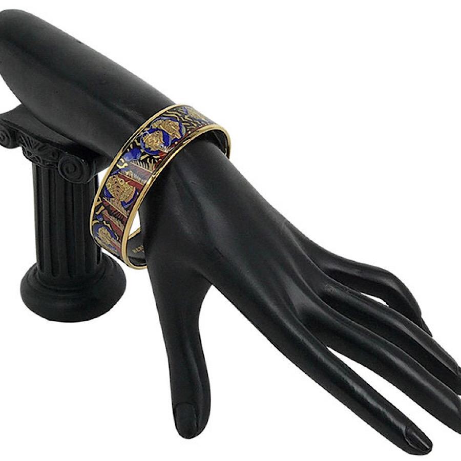 Women's Vintage Hermes cloisonne enamel yellow fish in blue, black, red bangle bracele. For Sale