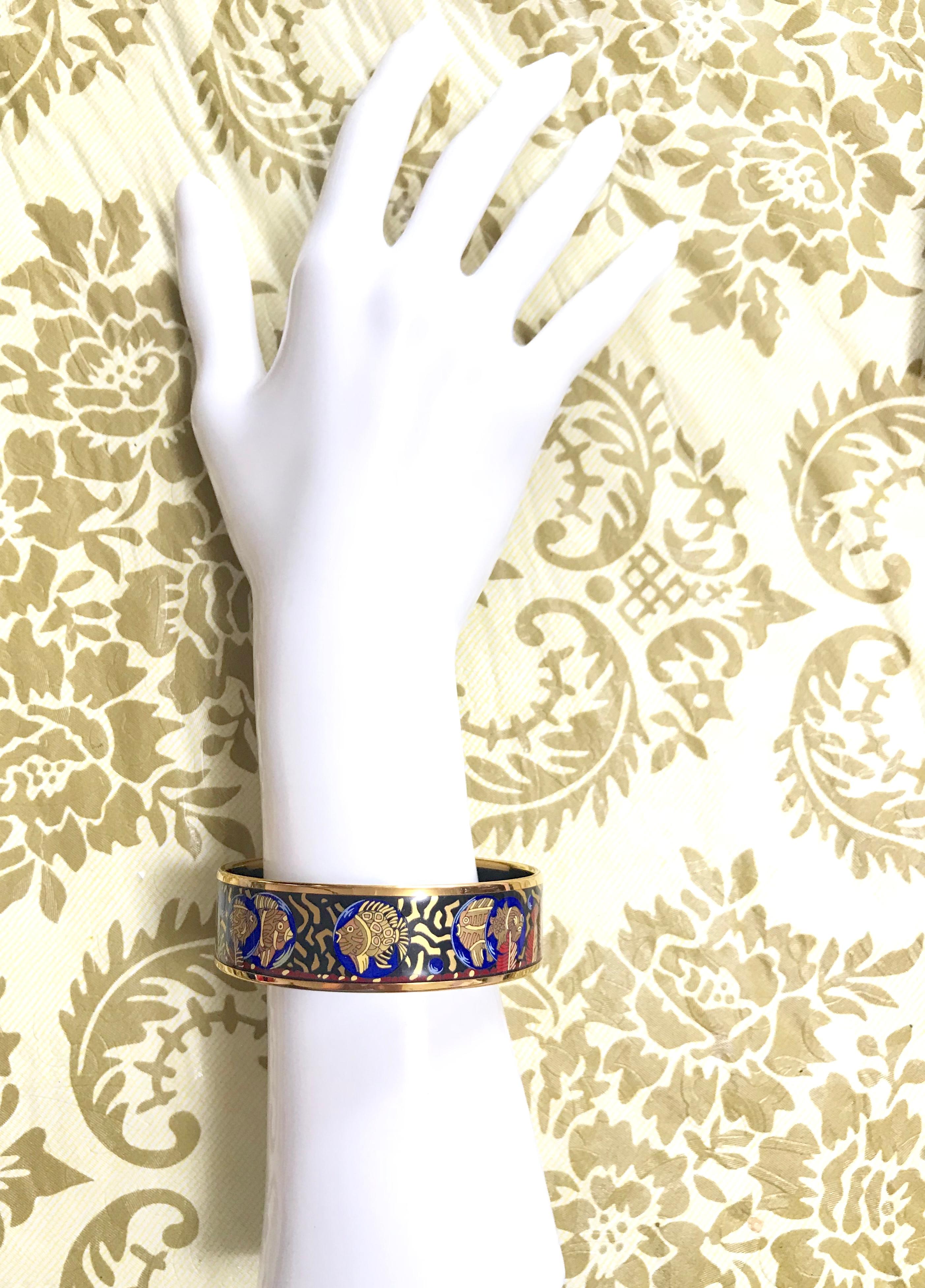 Vintage Hermes cloisonne enamel yellow fish in blue, black, red bangle bracele. For Sale 1