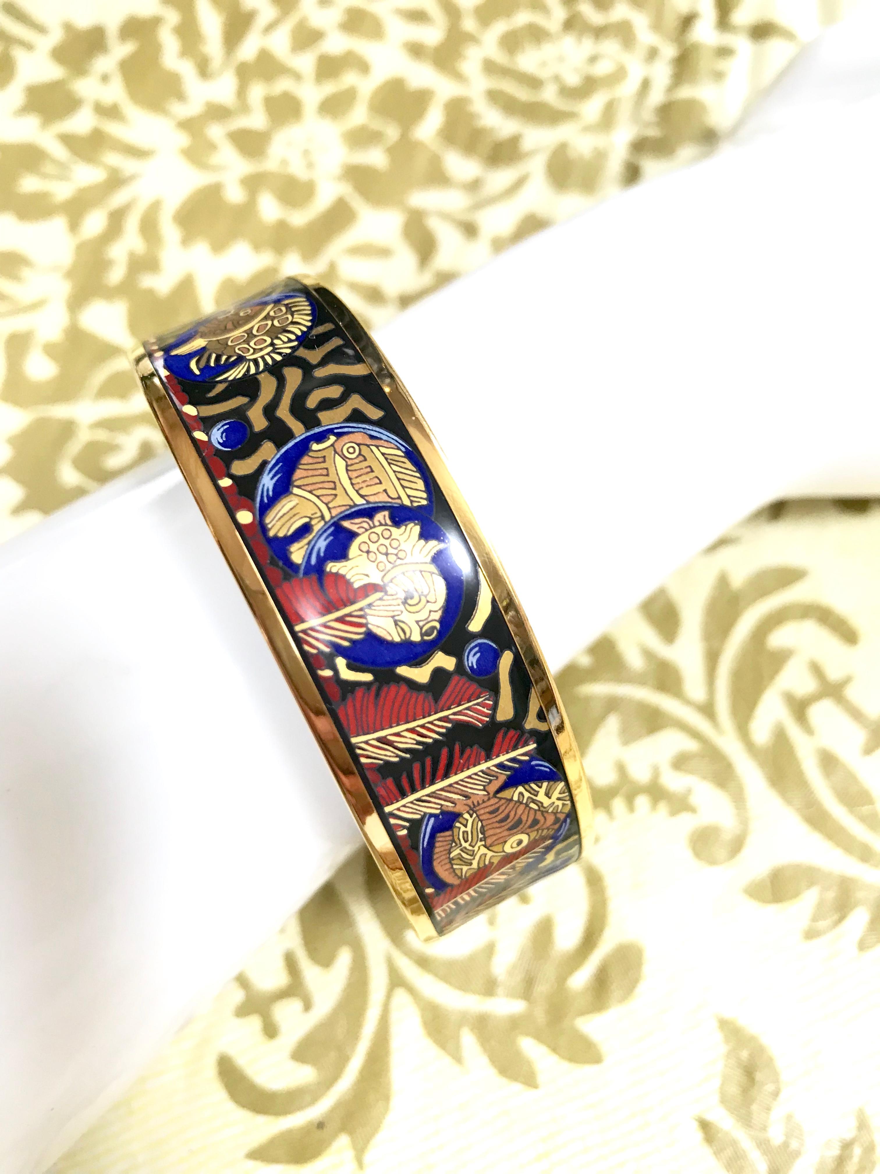 Vintage Hermes cloisonne enamel yellow fish in blue, black, red bangle bracele. For Sale 3