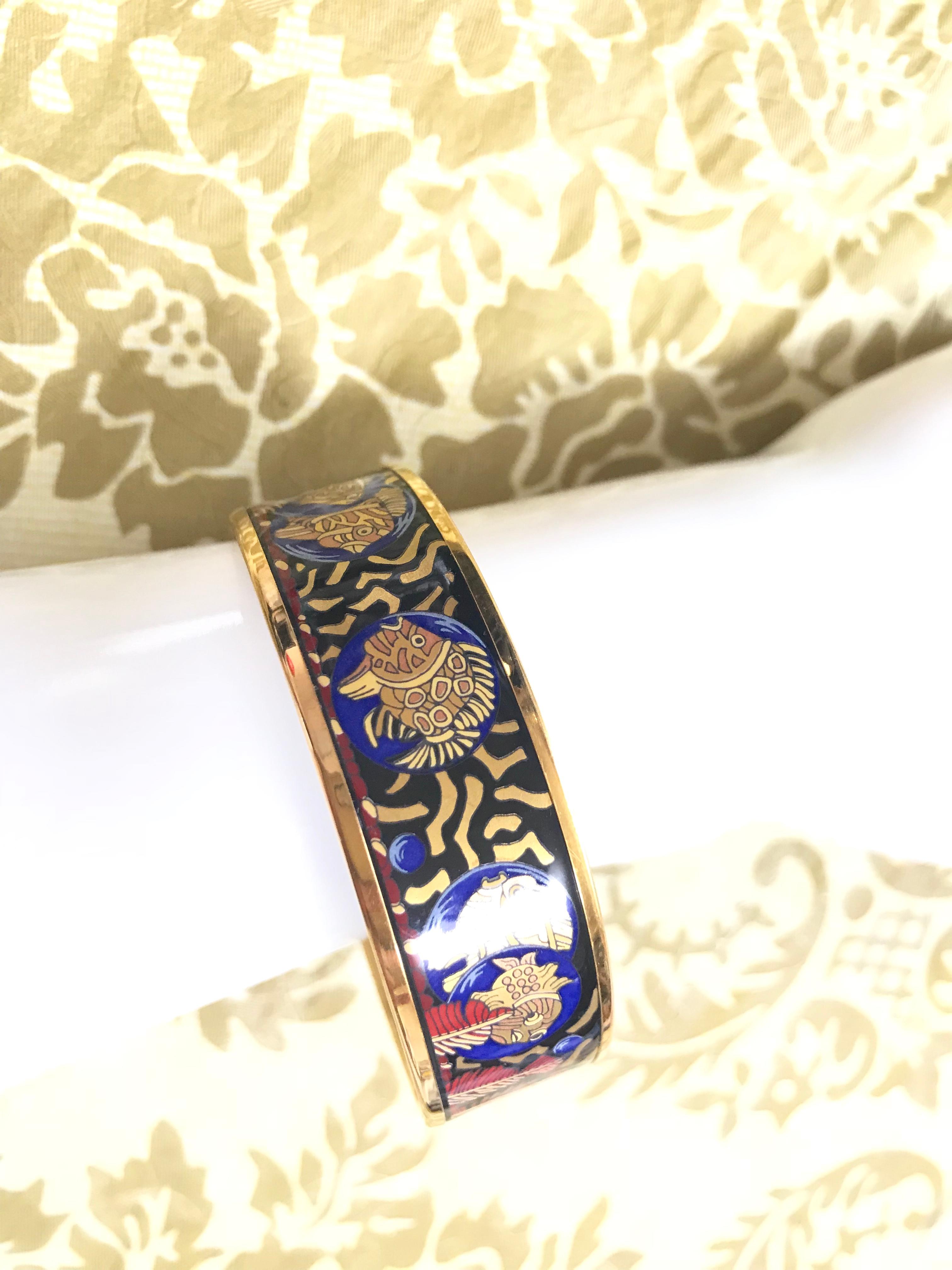 Vintage Hermes cloisonne enamel yellow fish in blue, black, red bangle bracele. For Sale 5
