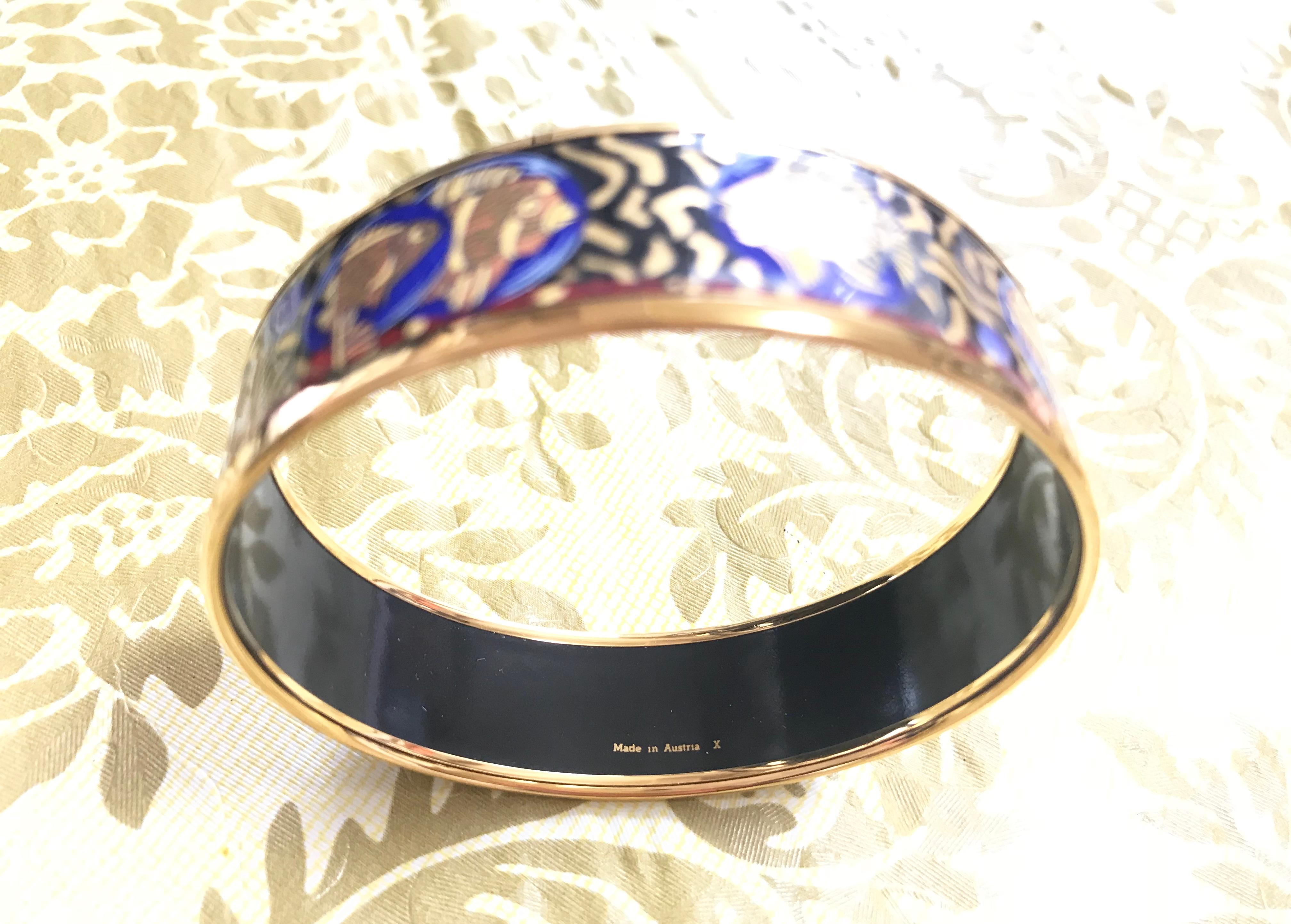 Vintage Hermes cloisonne enamel yellow fish in blue, black, red bangle bracele. For Sale 6