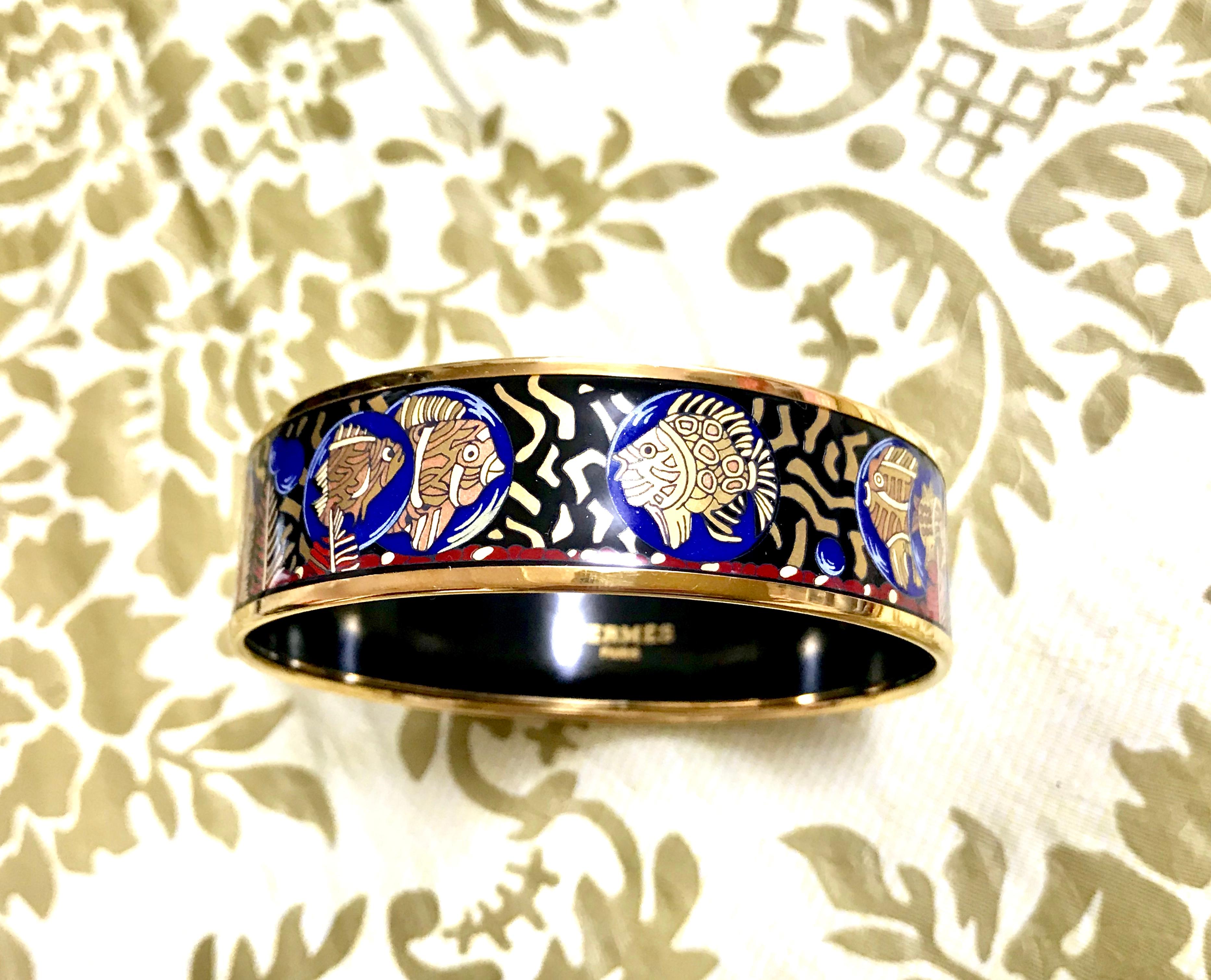 Vintage Hermes cloisonne enamel yellow fish in blue, black, red bangle bracele. For Sale 8